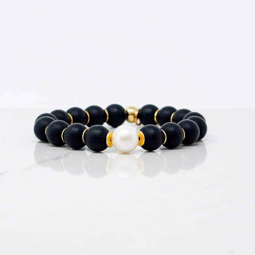 Natural Stone Bracelet - Pearl + Onyx