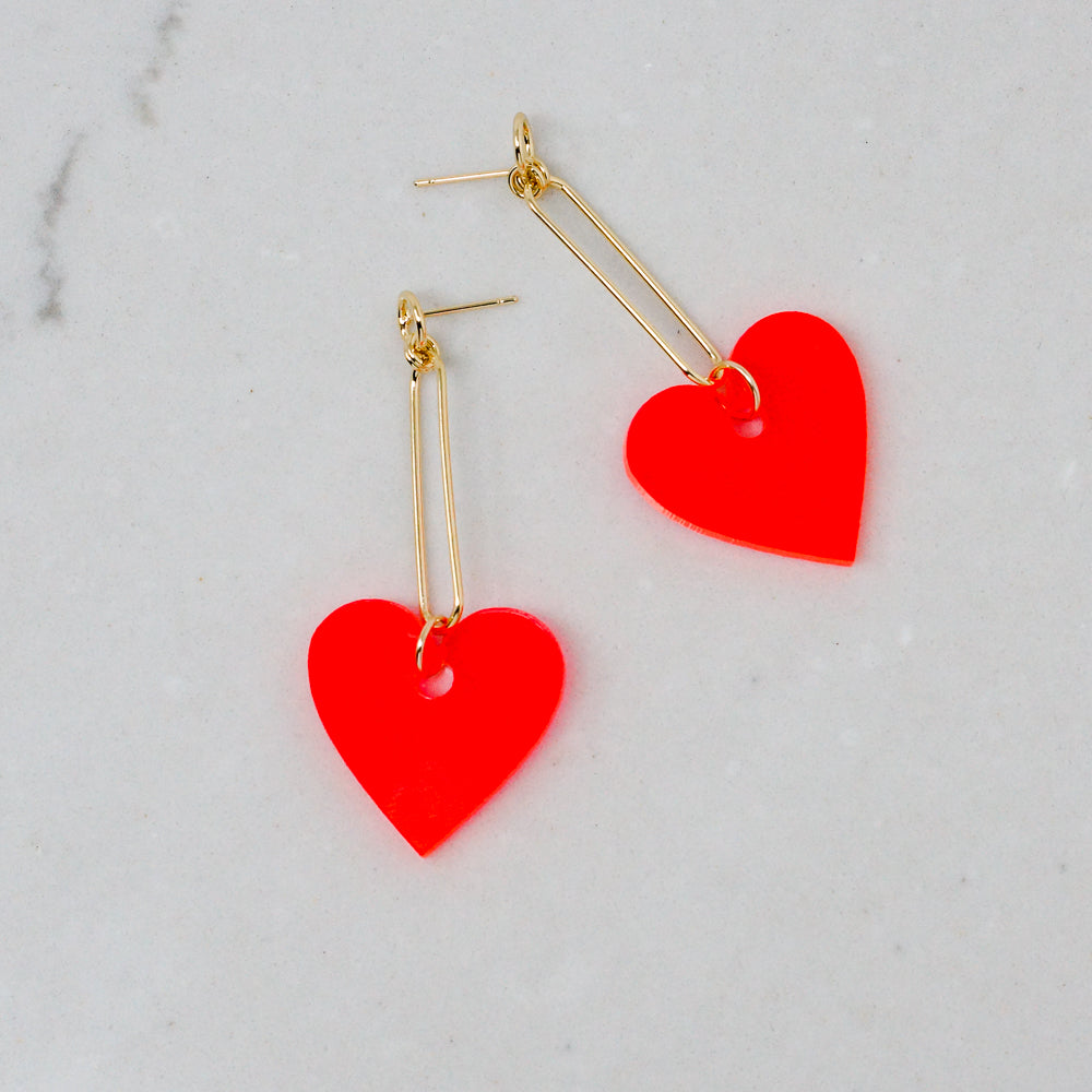 Acrylic Heart Earrings - Neon Red