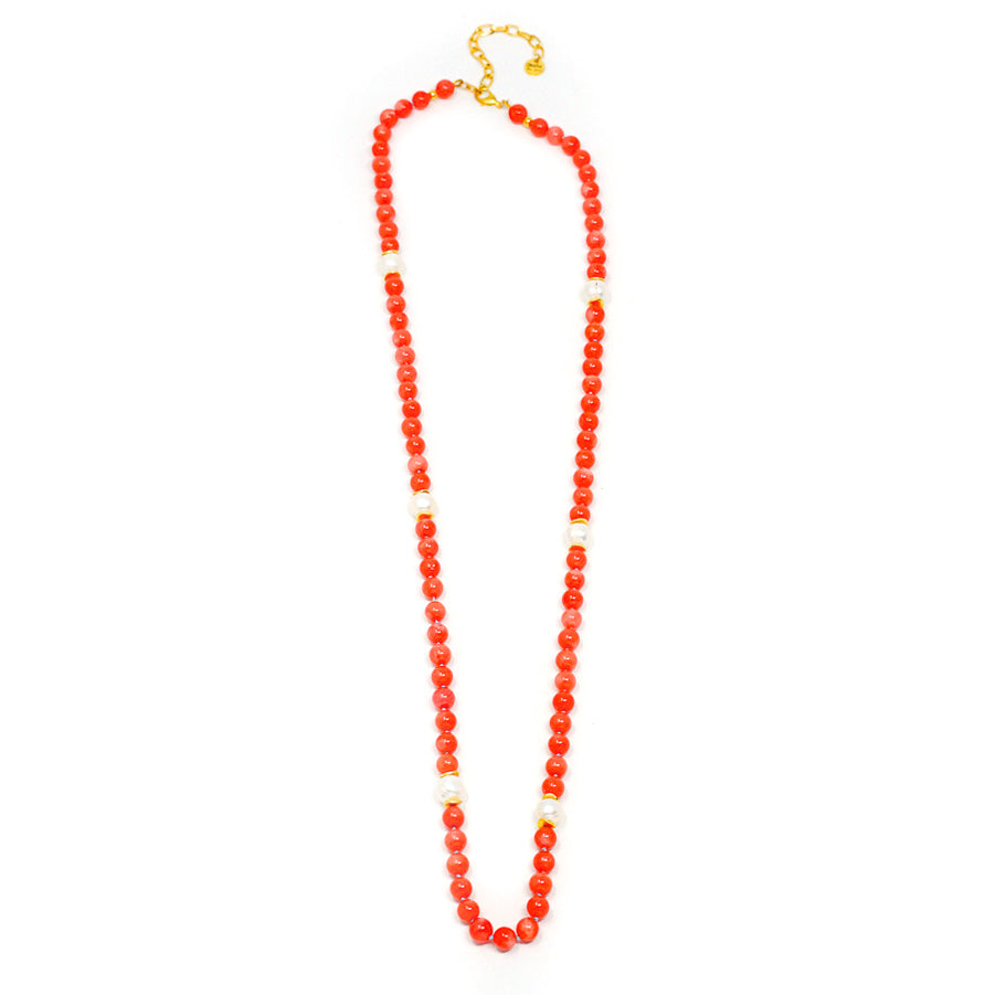 Natural Stone Necklace (Coral + Pearl)