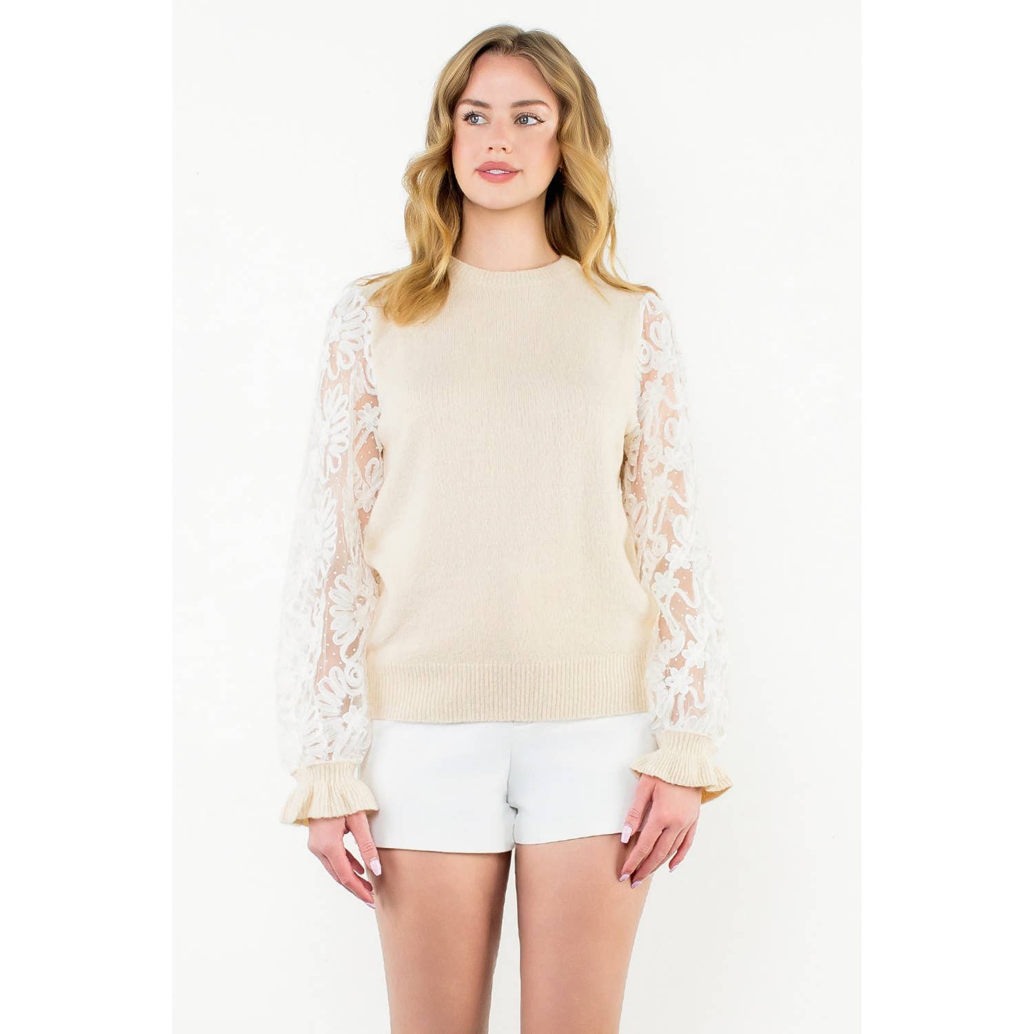 Floral Mesh Sleeve Knit Top - CREAM