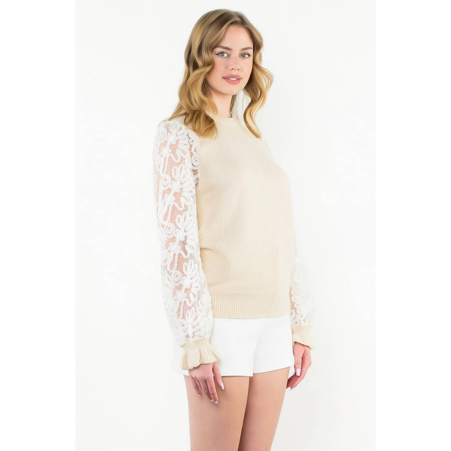 Floral Mesh Sleeve Knit Top - CREAM