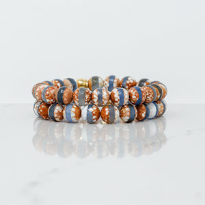 Natural Stone Bracelet - Agate (10MM, Faceted, Tibetan, Blue/Brown Stripe)