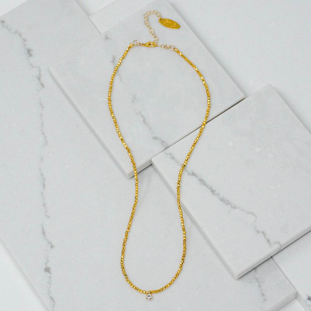 Micro Natural Stone Necklace with Crystal (Gold Pyrite)