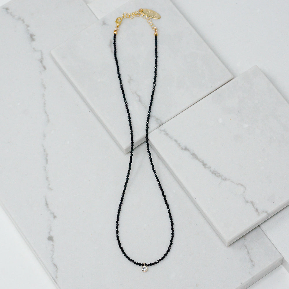Micro Natural Stone Necklace With Crystal (Black Spinel)