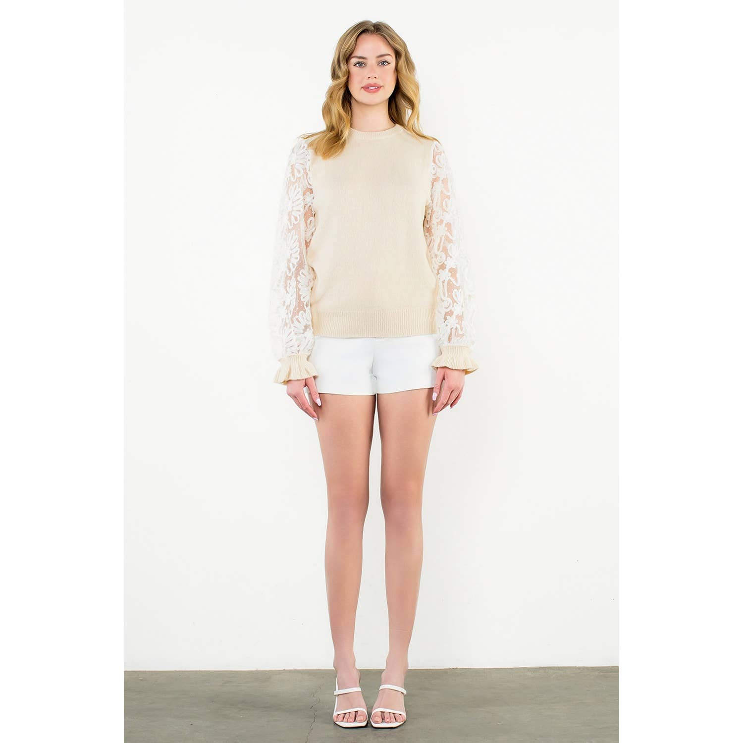 Floral Mesh Sleeve Knit Top - CREAM