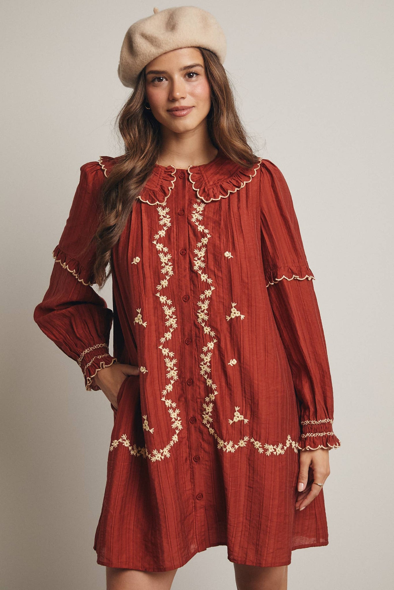 Embroidered Ruffle Collar Cotton Dress: Rust