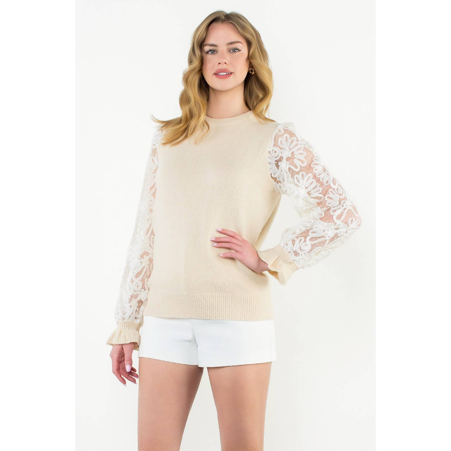 Floral Mesh Sleeve Knit Top - CREAM