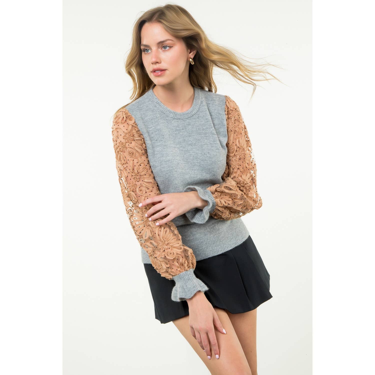 Floral Mesh Sleeve Knit Top - CREAM