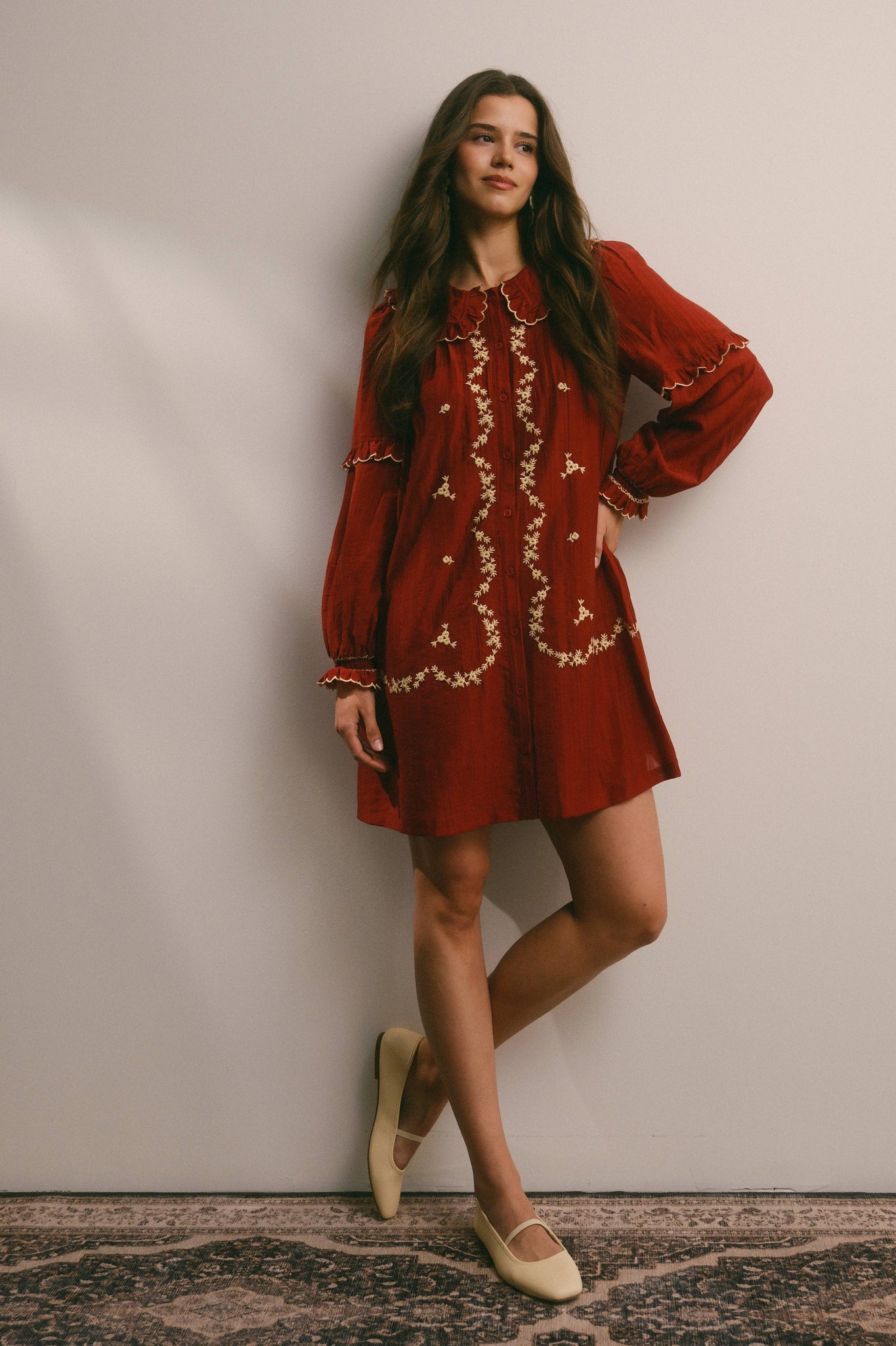 Embroidered Ruffle Collar Cotton Dress: Rust