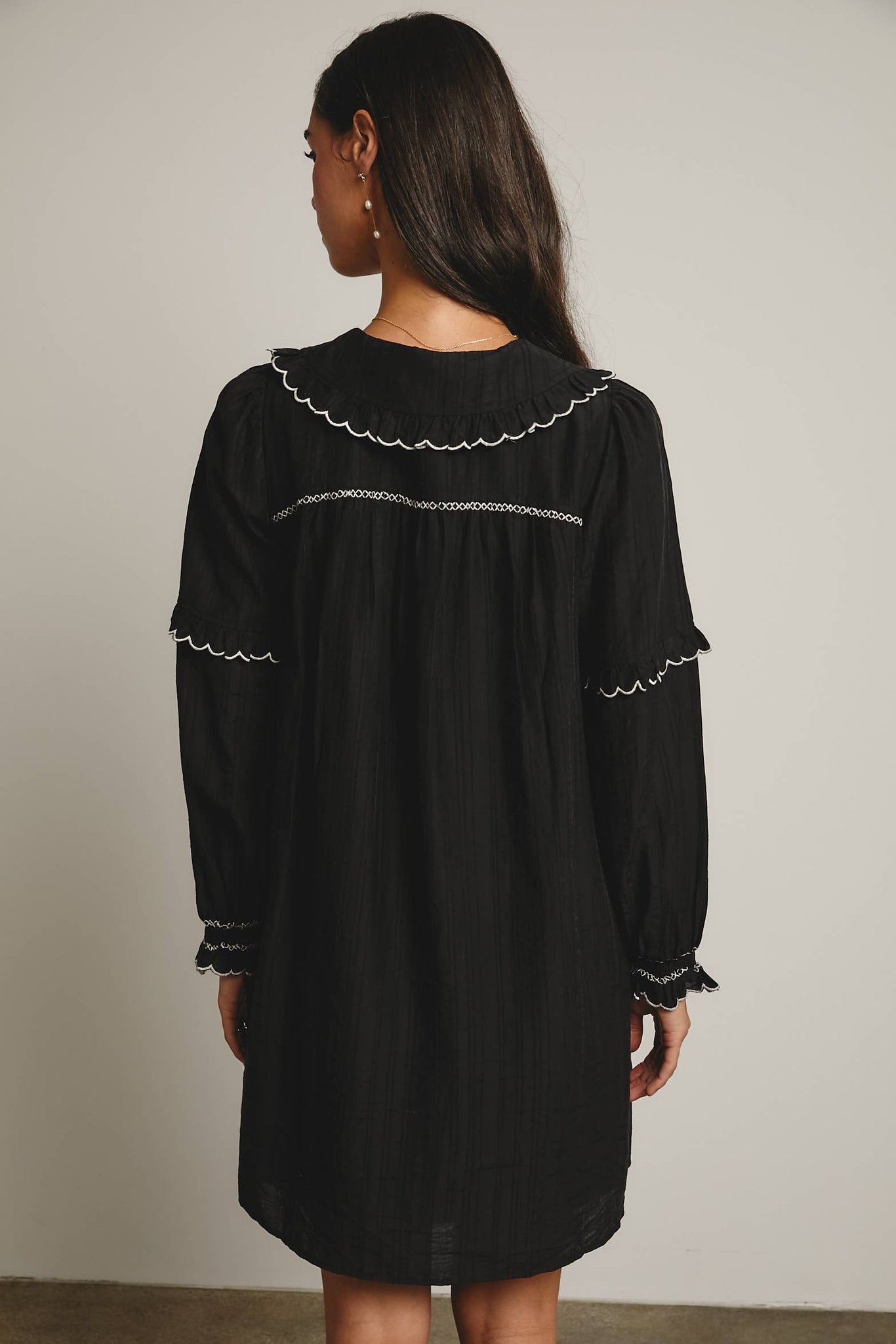 Embroidered Ruffle Collar Cotton Dress: Rust