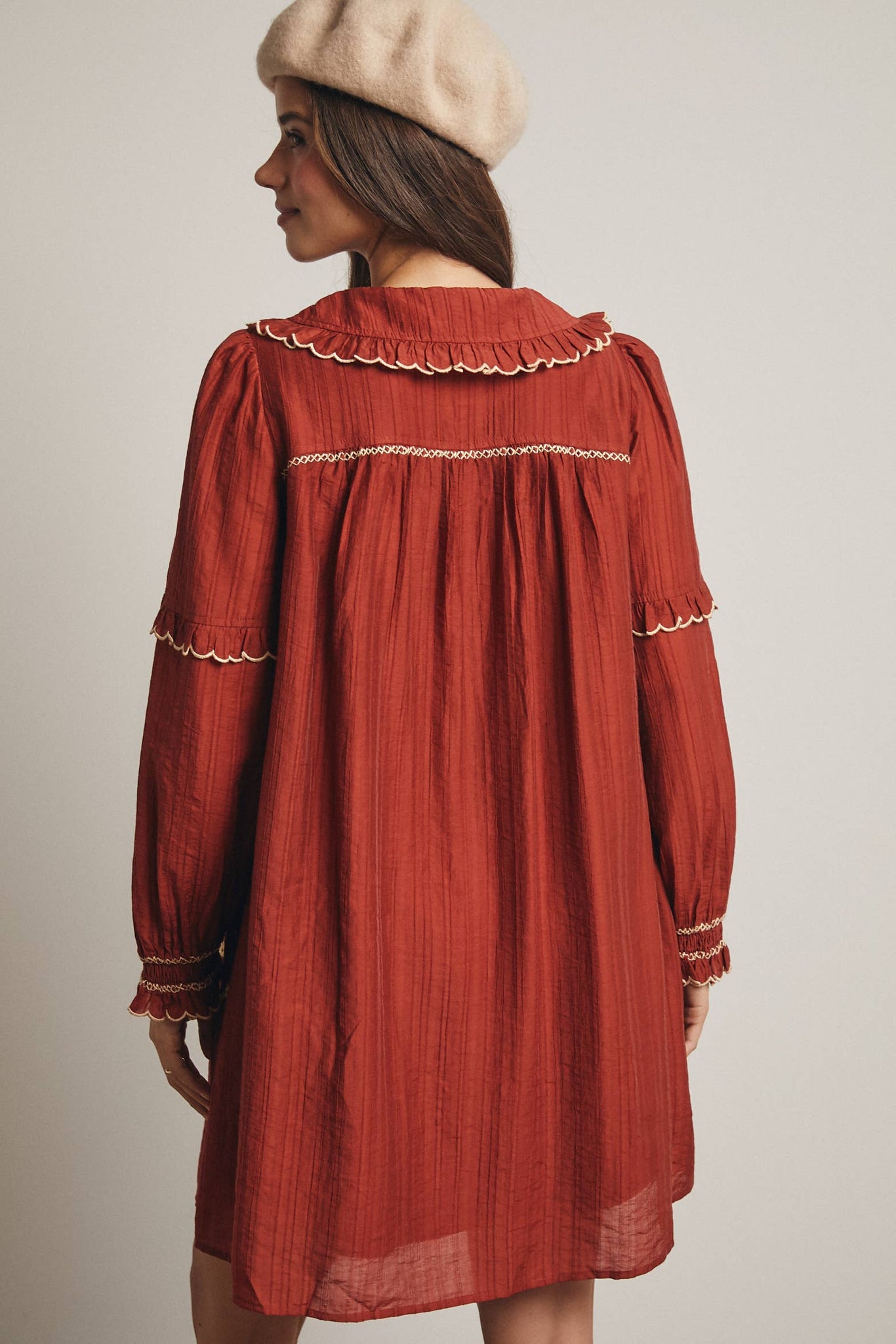 Embroidered Ruffle Collar Cotton Dress: Rust