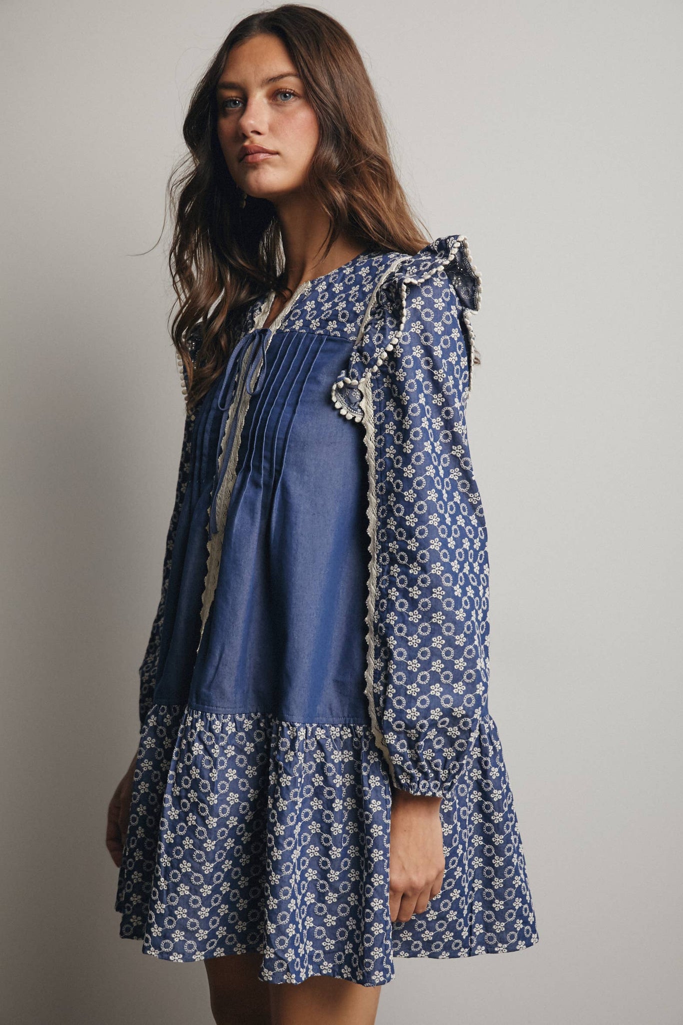 Patchwork Lace Trim Mini Dress: Denim