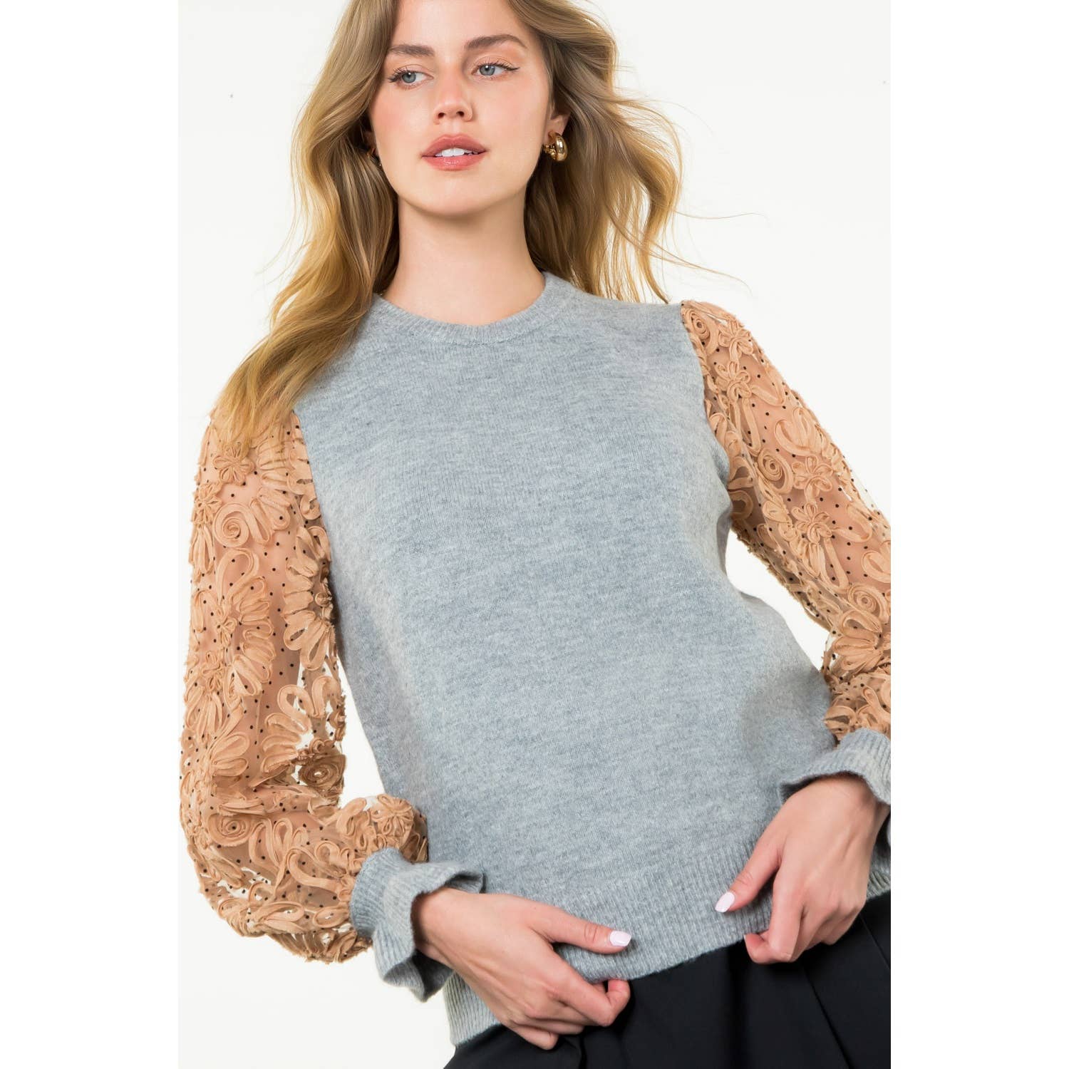 Floral Mesh Sleeve Knit Top - CREAM