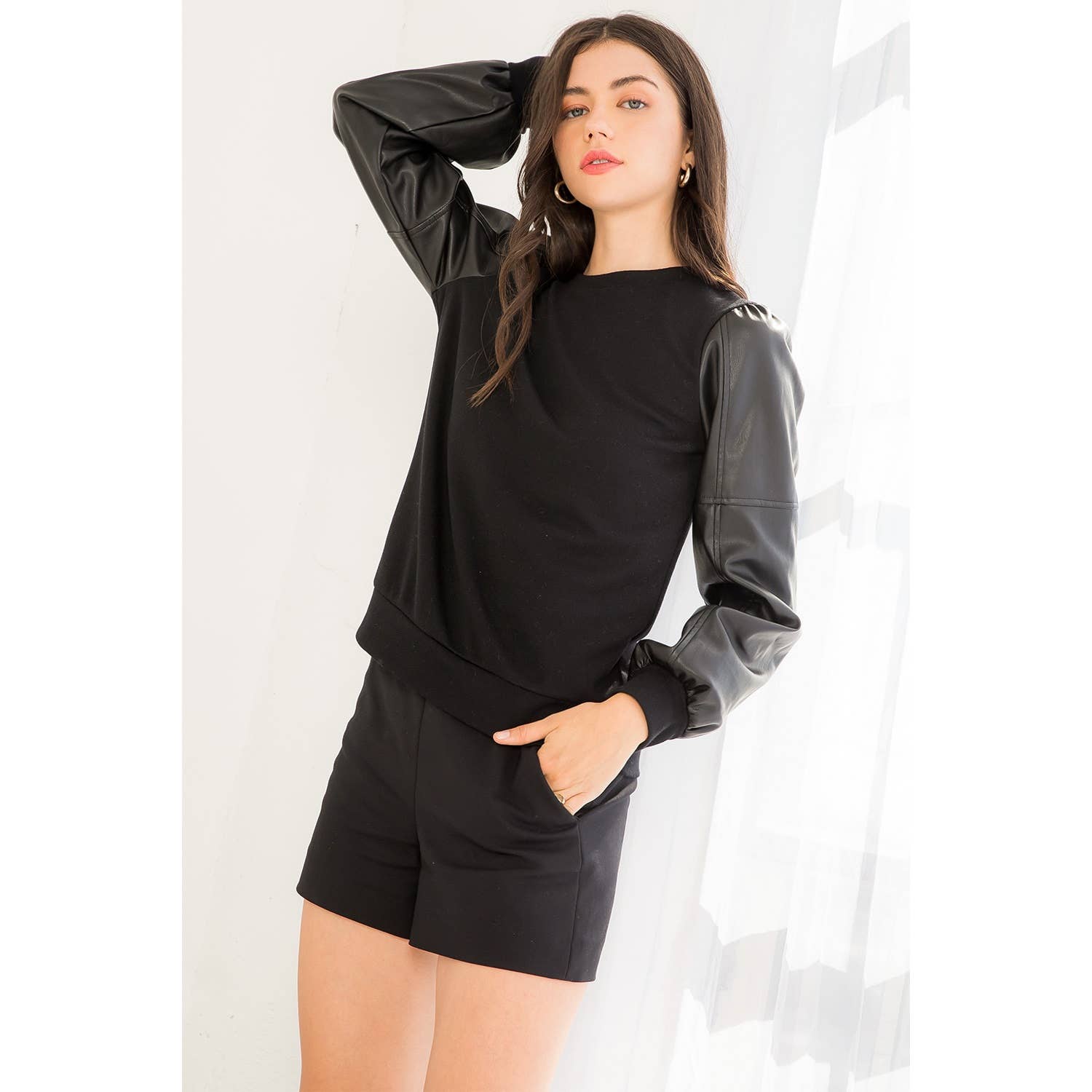Black Long Sleeve Knit Top with Faux Leather Detail - Black