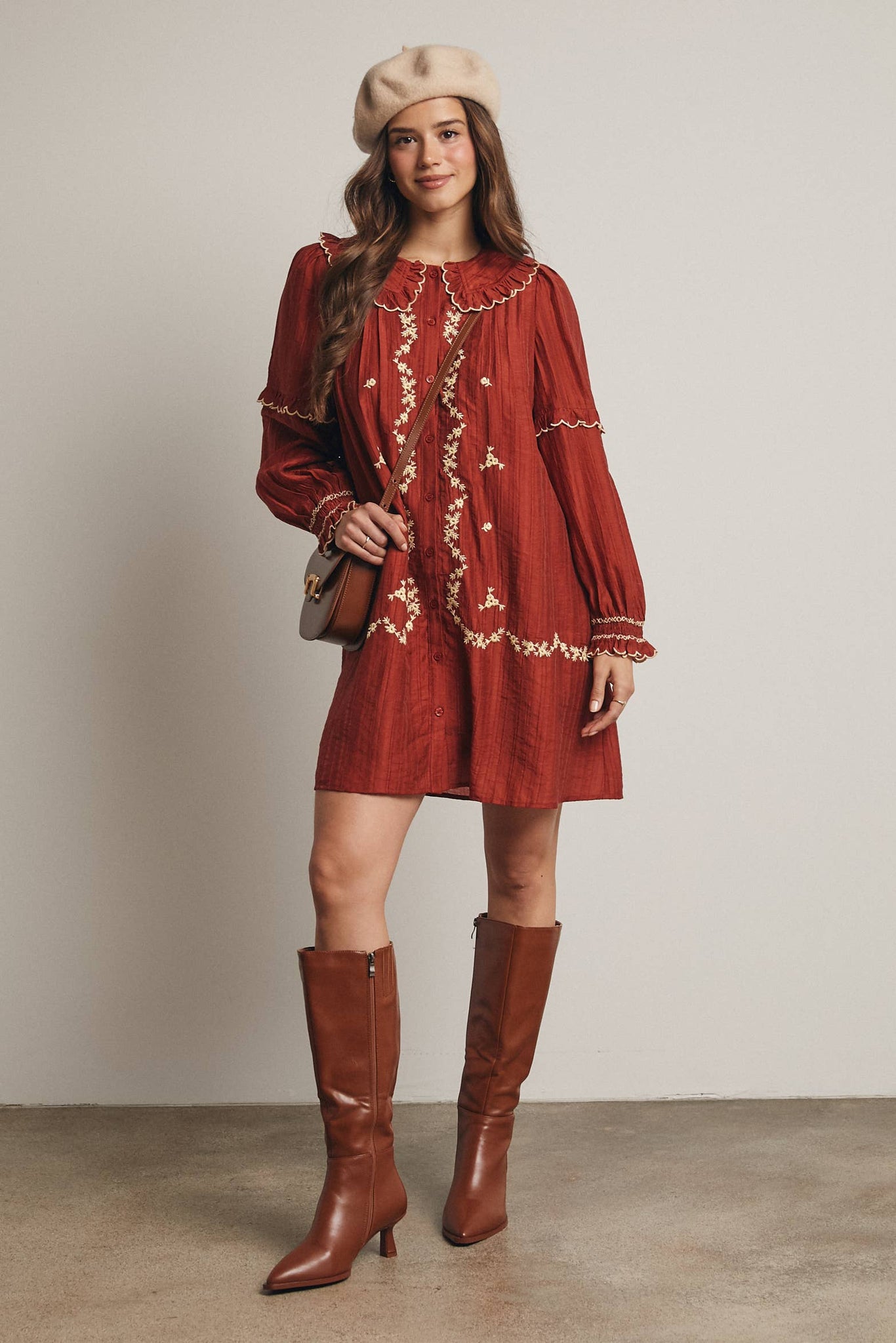 Embroidered Ruffle Collar Cotton Dress: Rust