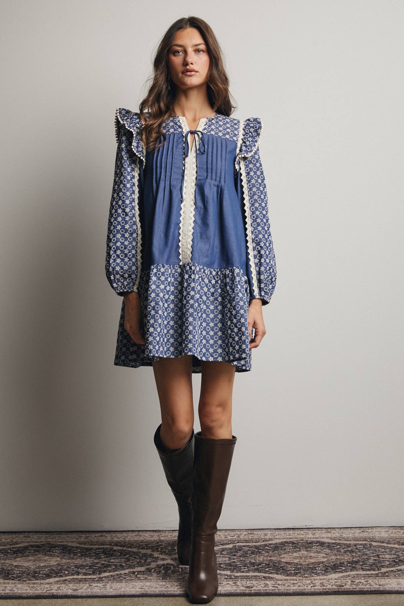 Patchwork Lace Trim Mini Dress: Denim