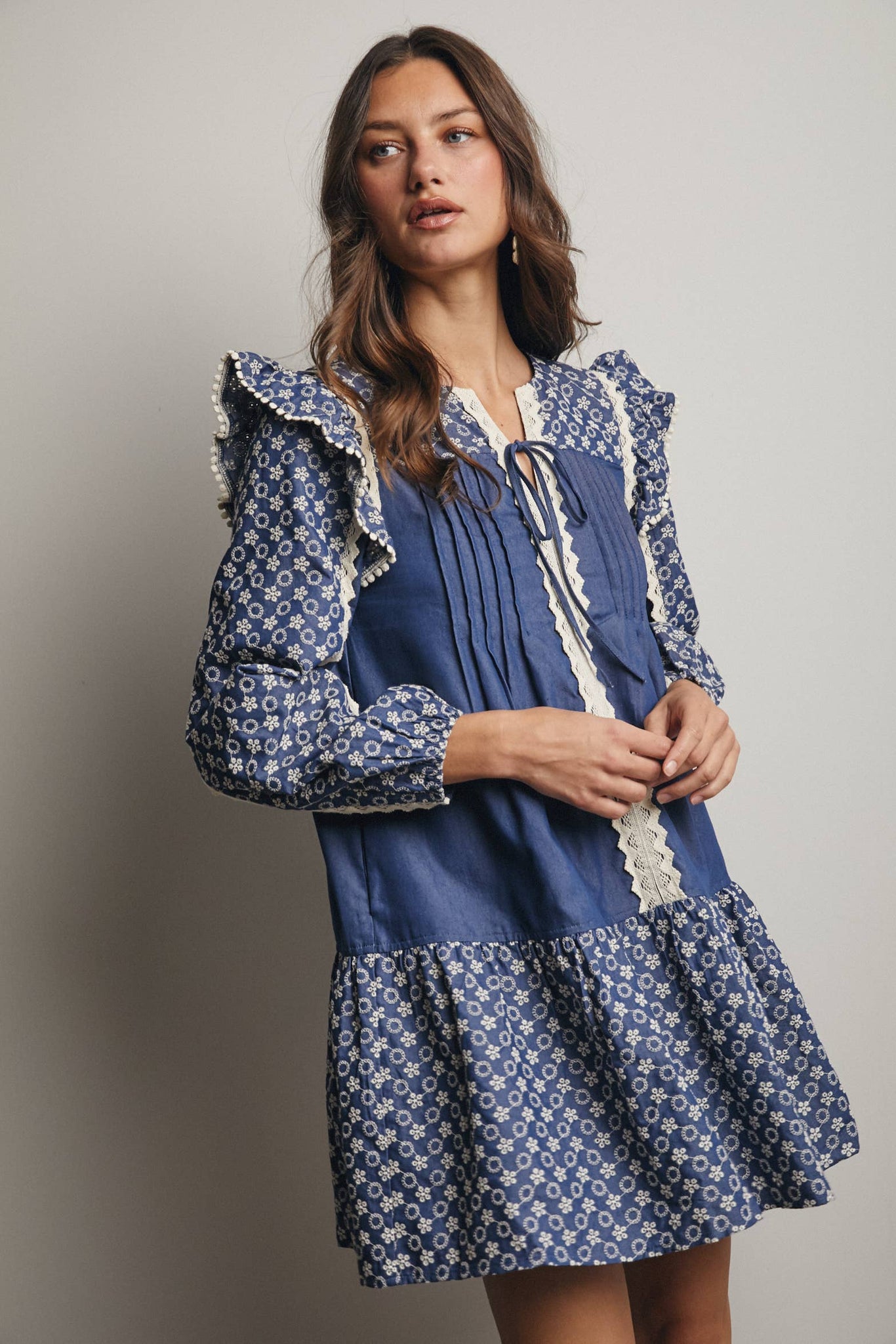 Patchwork Lace Trim Mini Dress: Denim