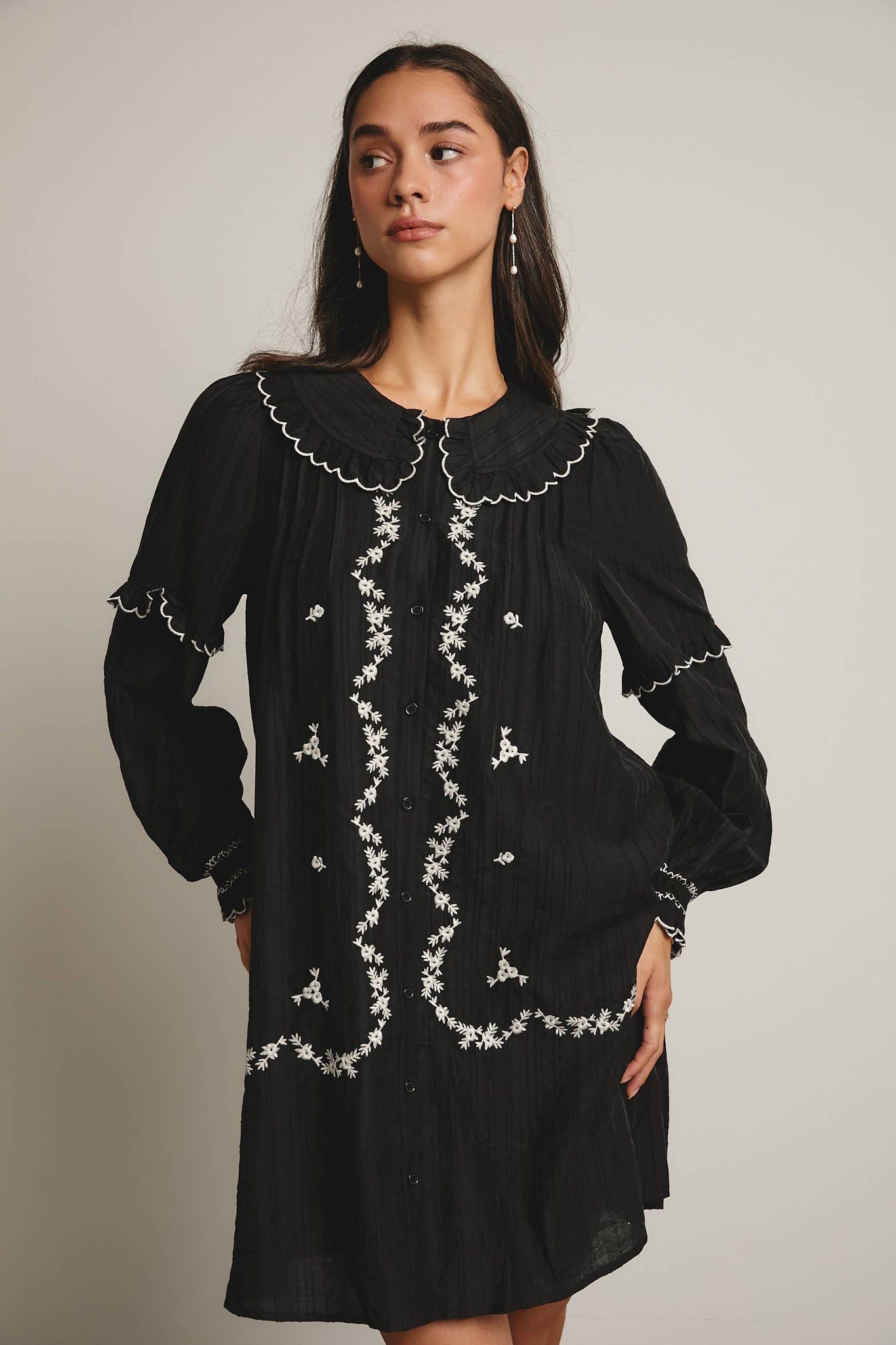 Embroidered Ruffle Collar Cotton Dress: Rust