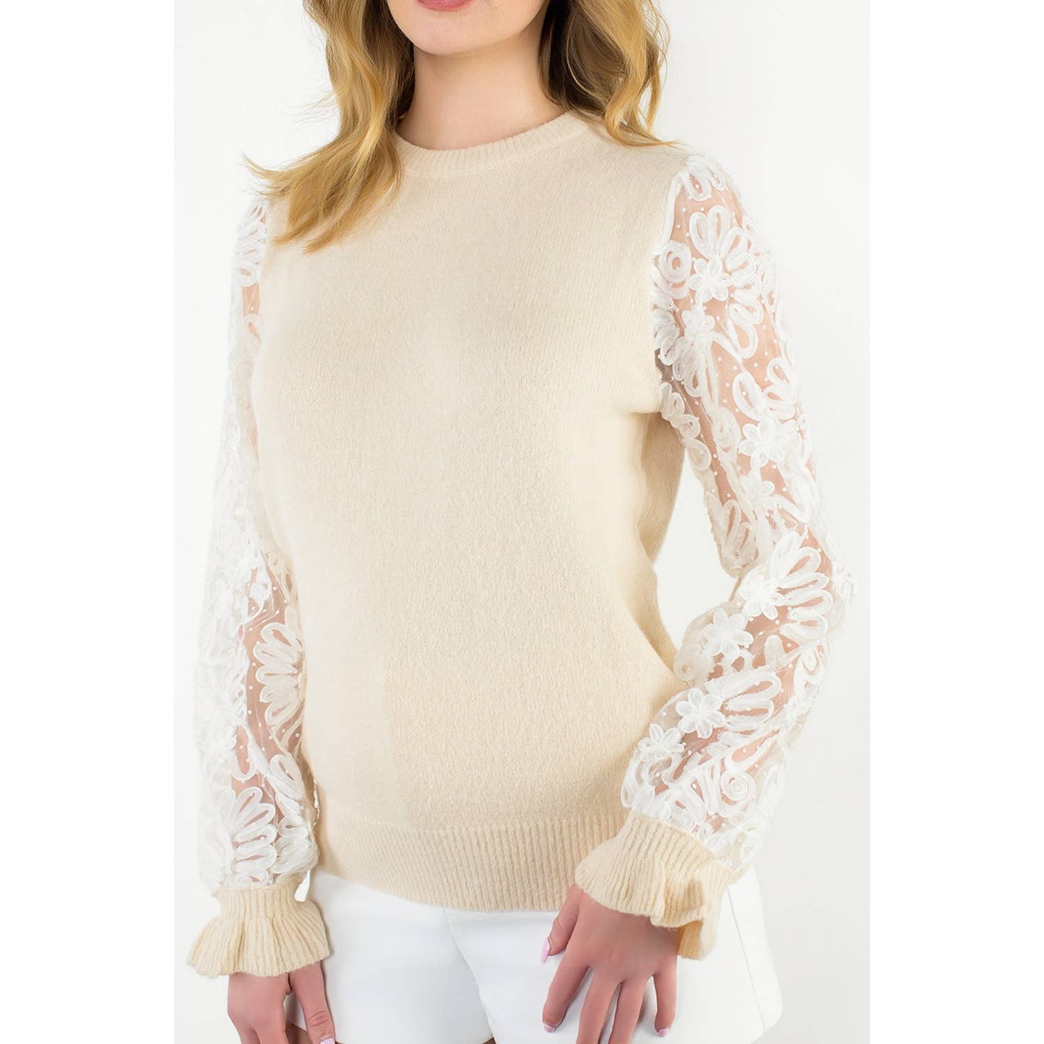 Floral Mesh Sleeve Knit Top - CREAM