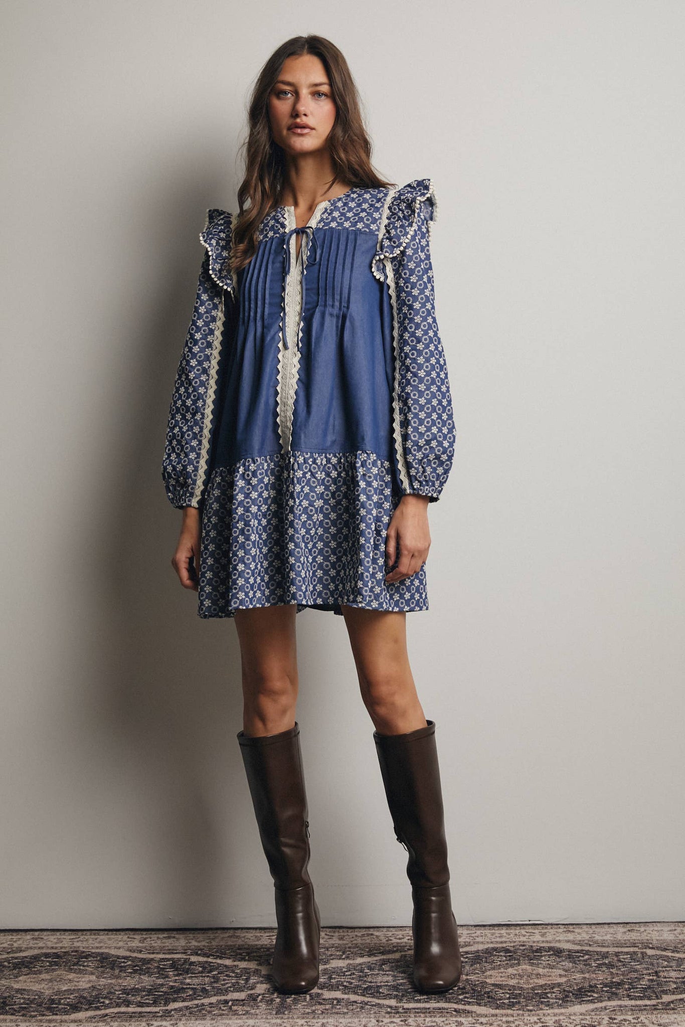 Patchwork Lace Trim Mini Dress: Denim