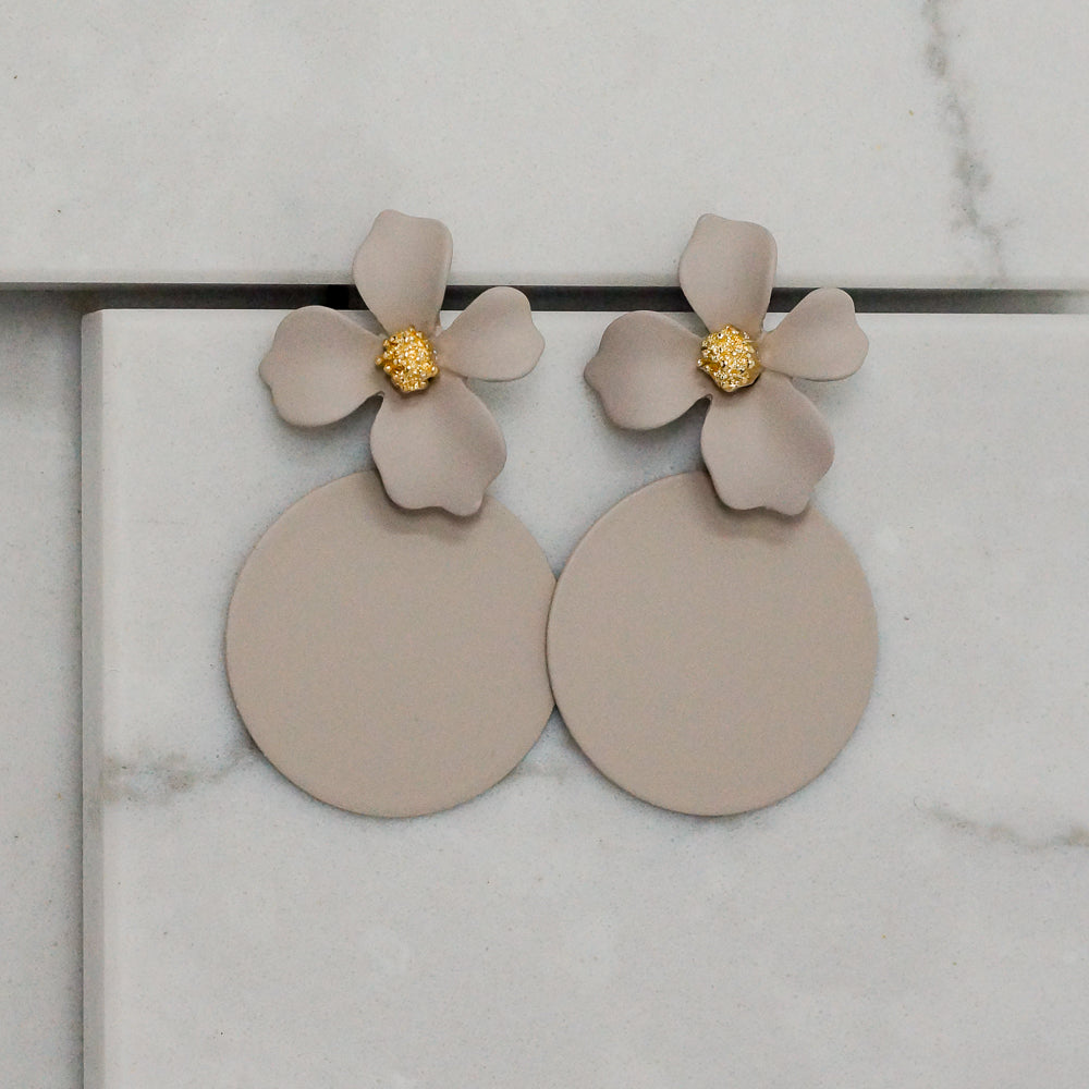 Floral + Disc Drop Earrings (Beige)