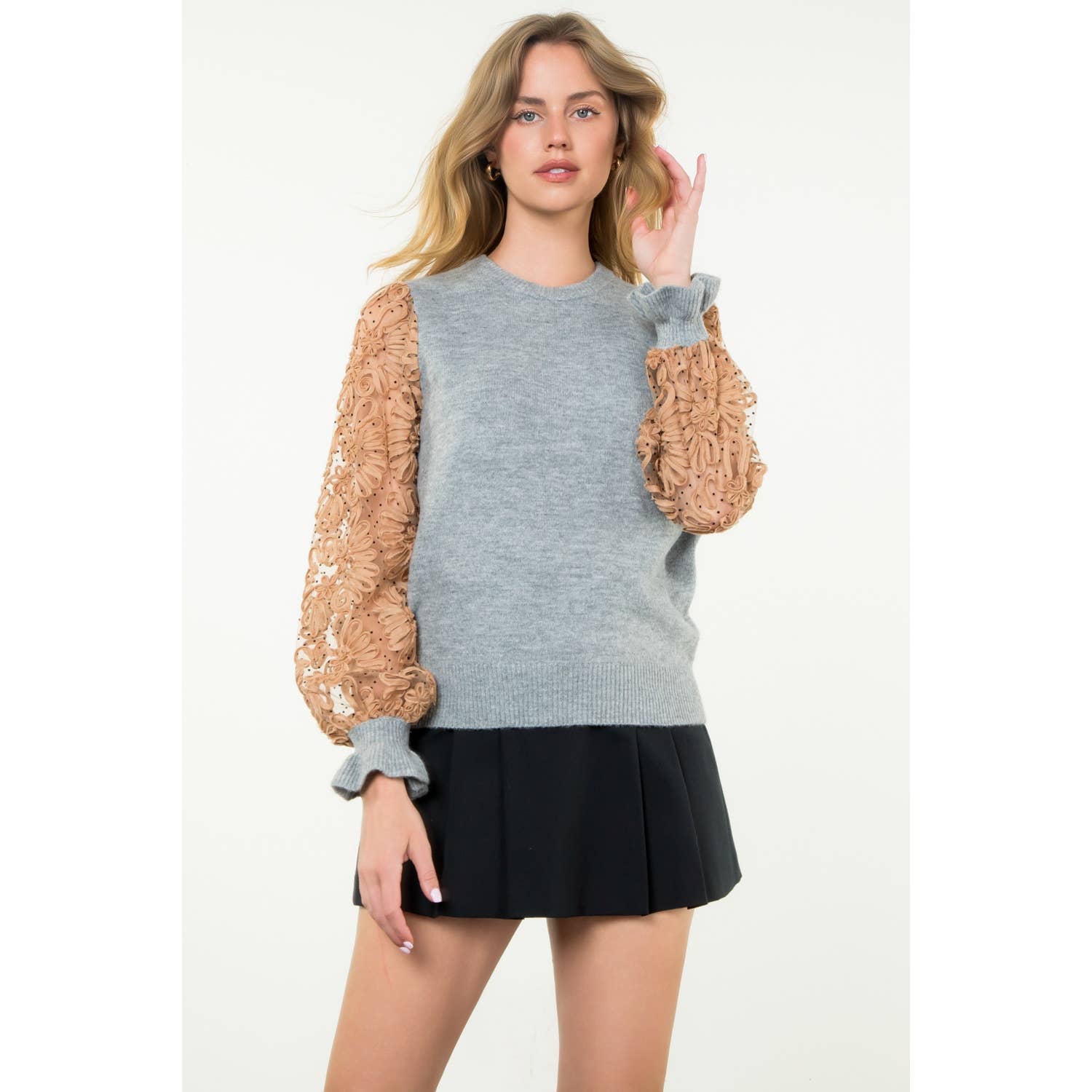 Floral Mesh Sleeve Knit Top - CREAM