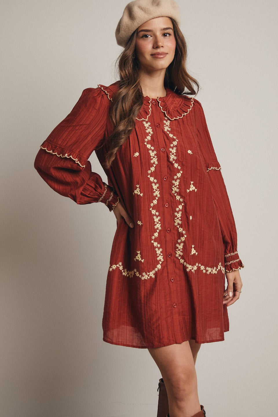 Embroidered Ruffle Collar Cotton Dress: Rust