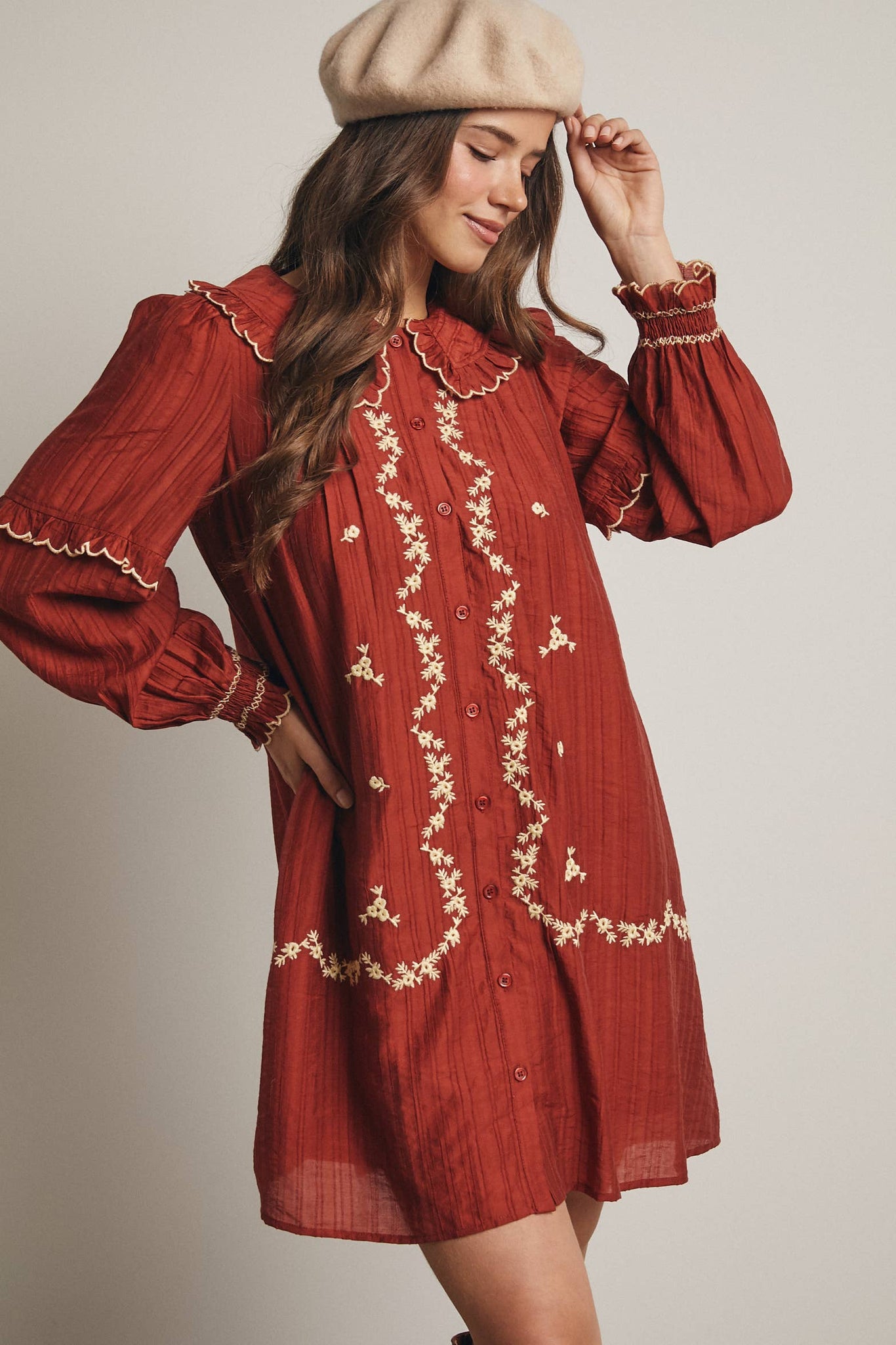 Embroidered Ruffle Collar Cotton Dress: Rust