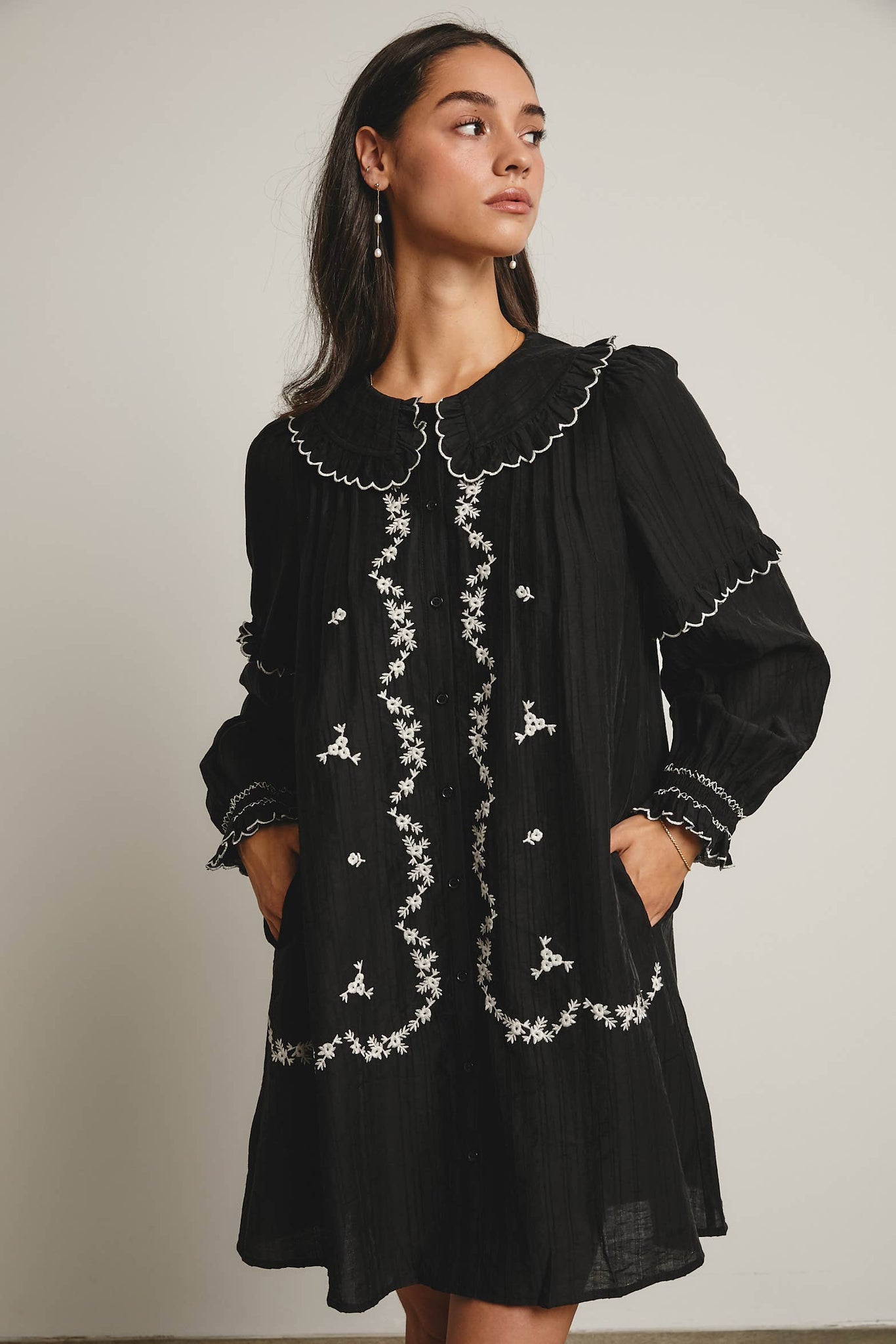 Embroidered Ruffle Collar Cotton Dress: Rust