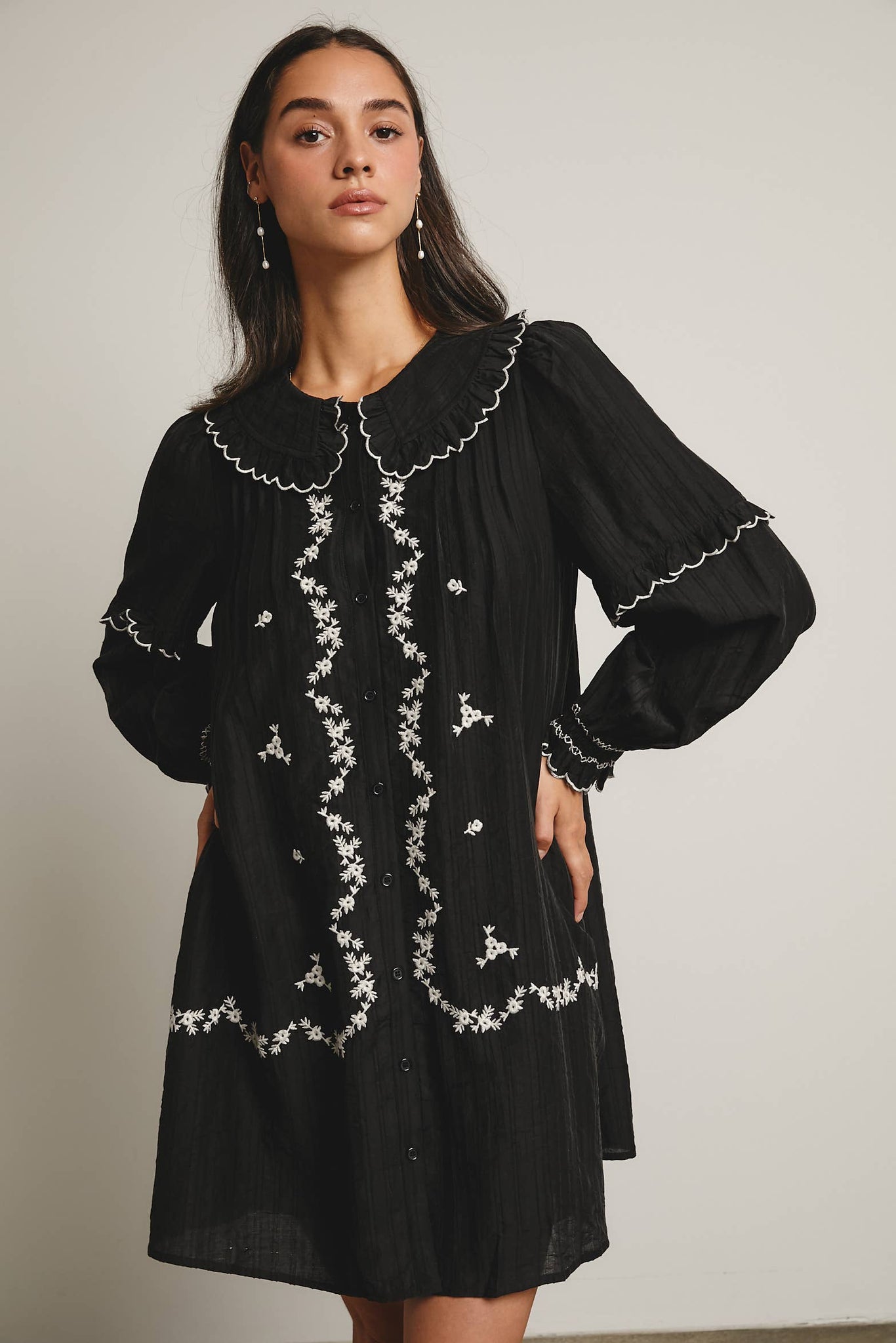 Embroidered Ruffle Collar Cotton Dress: Rust