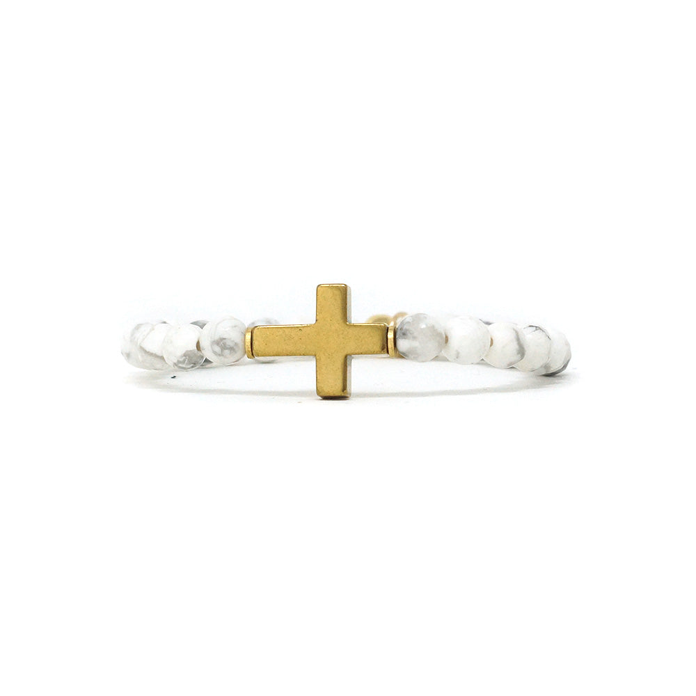 Cross Natural Stone Bracelet (6MM, Gold Hematite, Howlite)