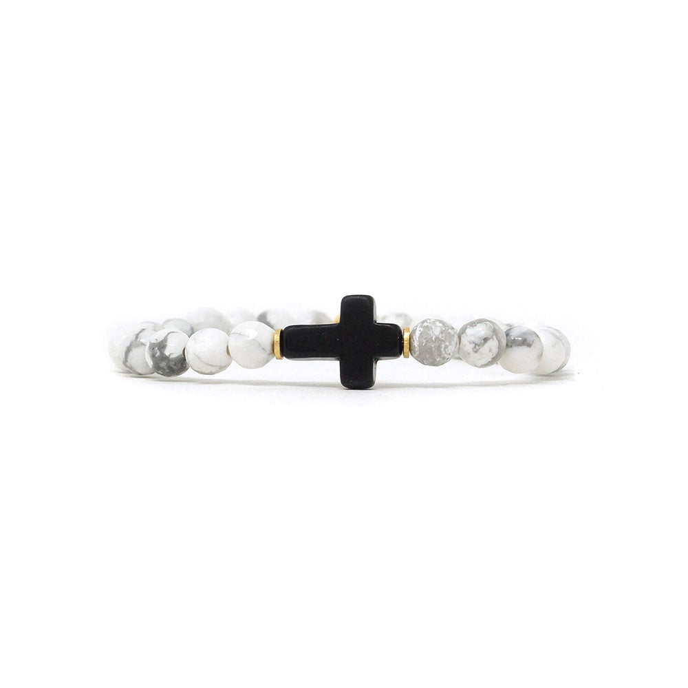 Cross Natural Stone Bracelet (6MM, Onyx, Howlite)