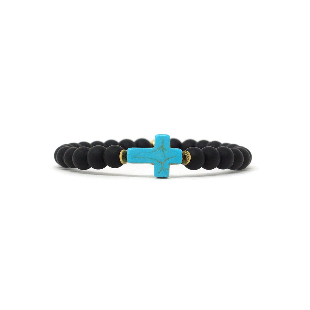 Cross Natural Stone Bracelet (6MM, Turquoise, Onyx)