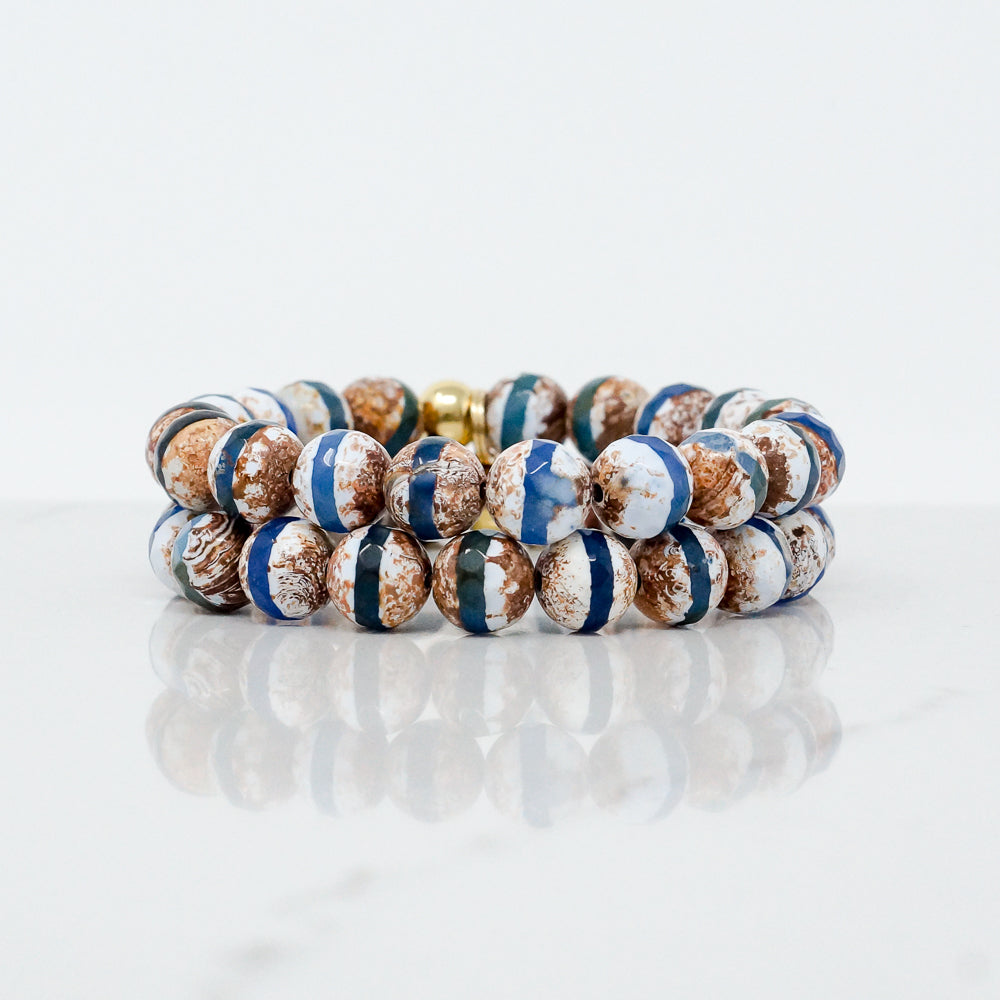 Natural Stone Bracelet - Agate (10MM, Faceted, Tibetan, Blue Stripe)