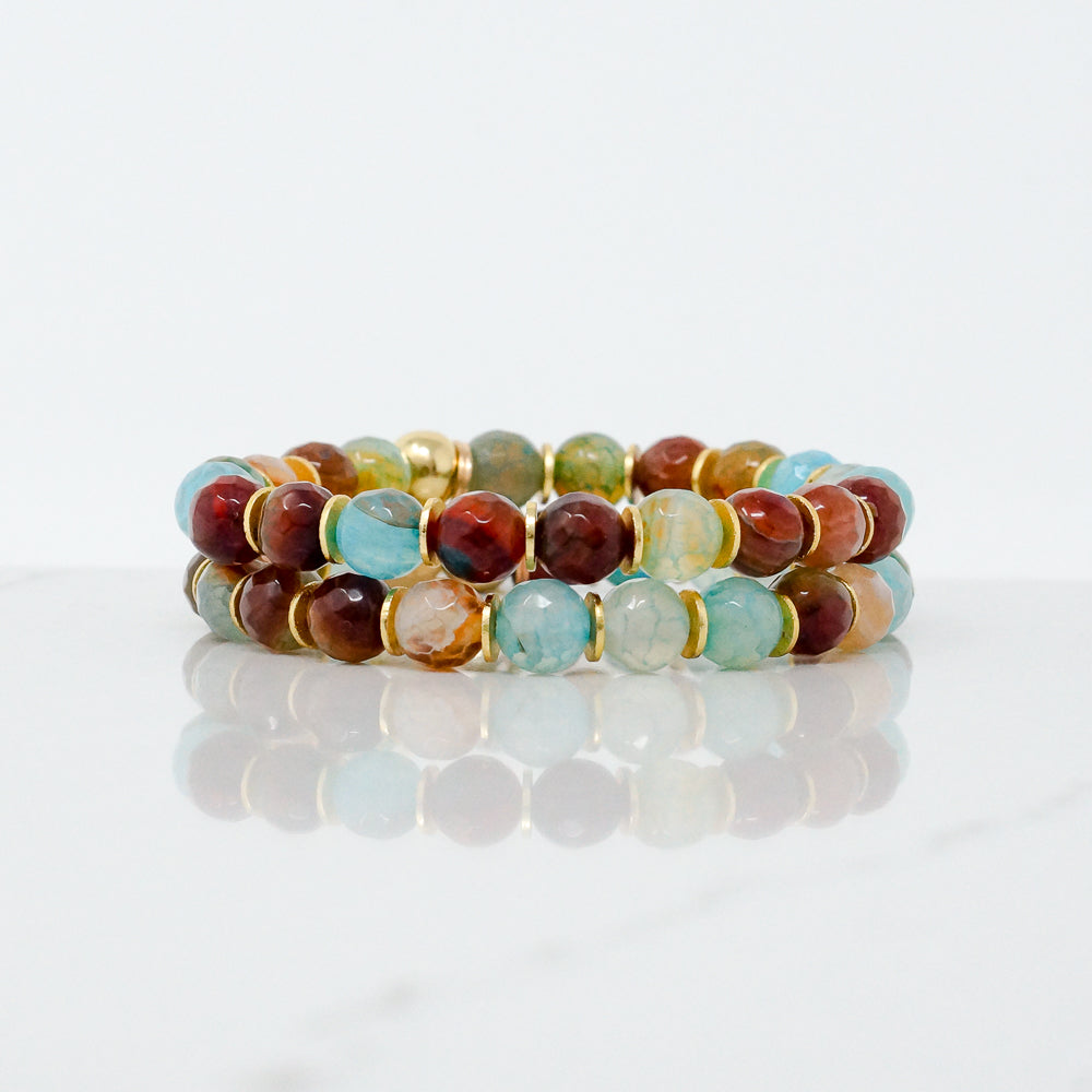 Natural Stone Bracelet - Agate (8MM, Teal + Terracotta)