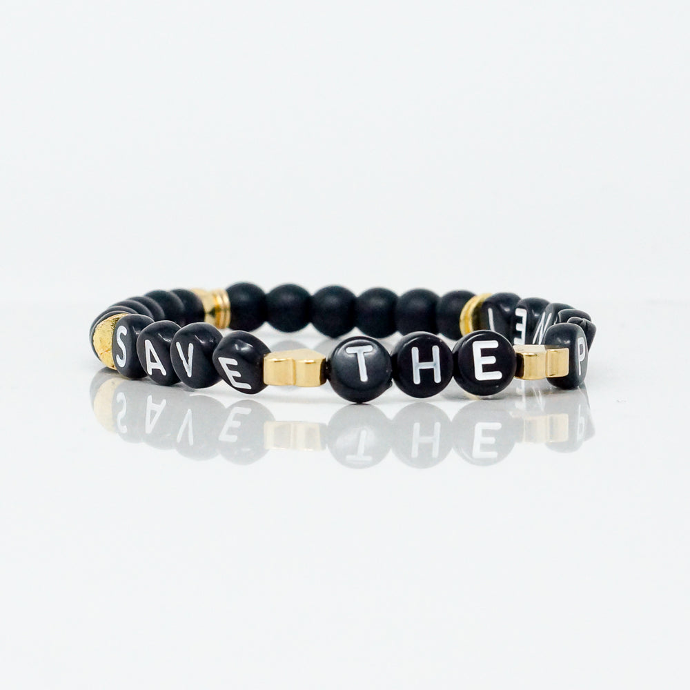 Wordy Natural Stone Bracelet - Save The Planet (Onyx/Black/White)