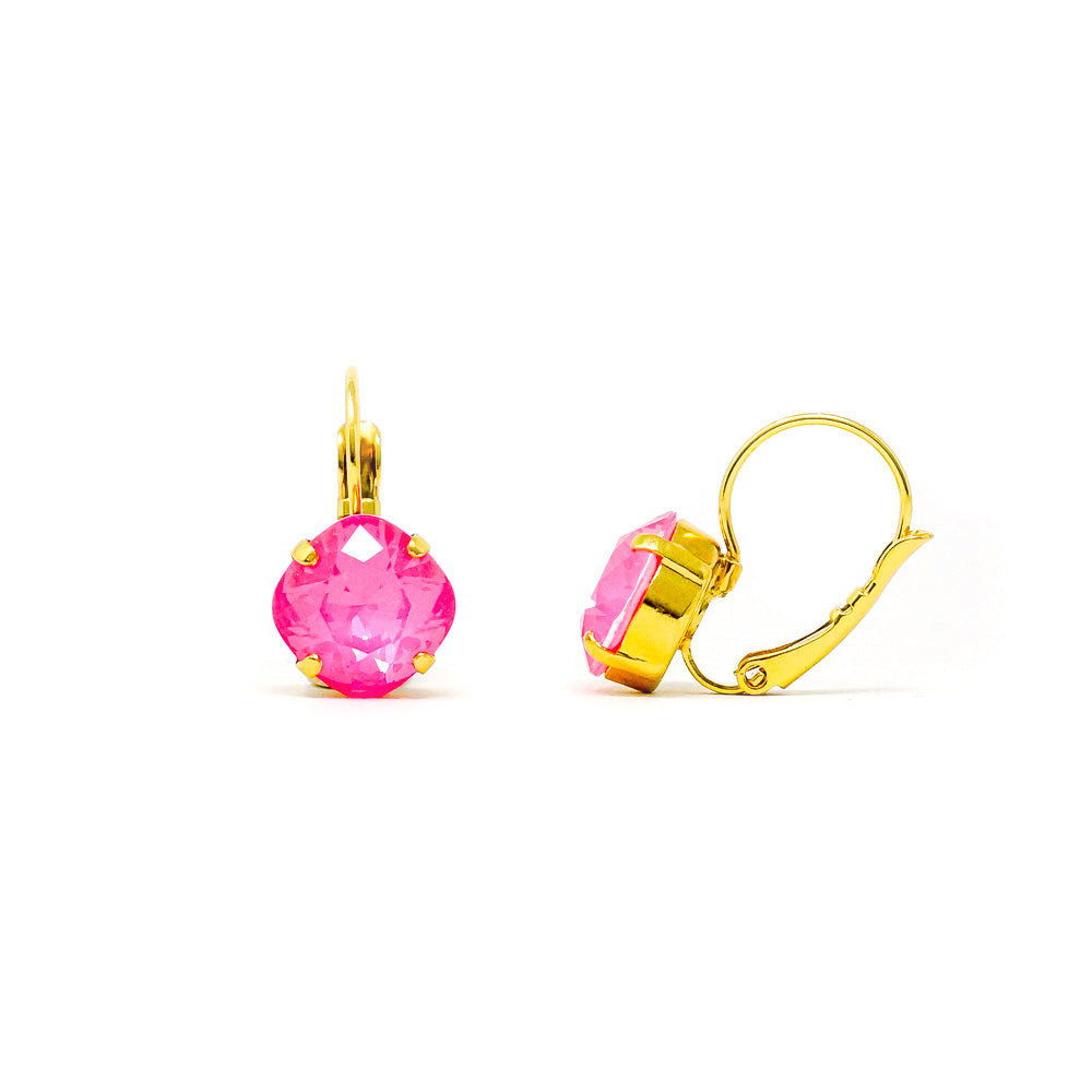 Crystal Cushion Cut Drop Earrings (Hot Pink/Gold)