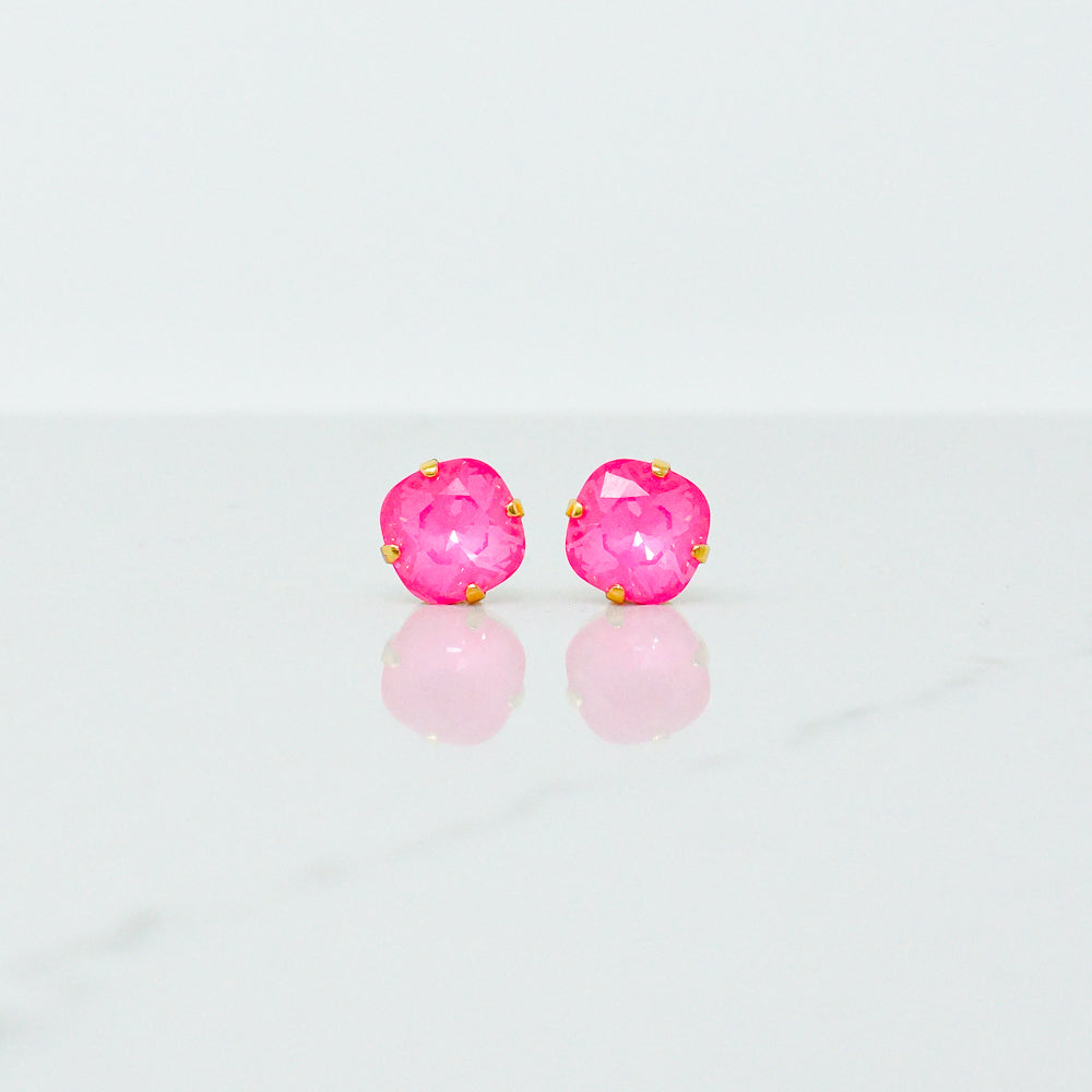 Crystal Cushion Cut Stud Earrings (Hot Pink/Gold)
