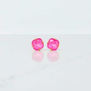 Crystal Cushion Cut Stud Earrings (Hot Pink/Gold)
