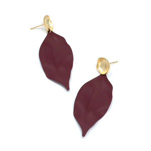 Enamel Long Leaf Stud Earrings (Burgundy)