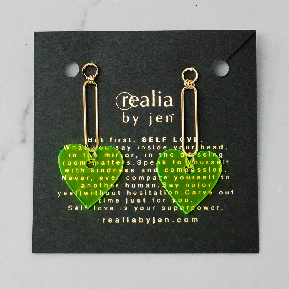 Acrylic Heart Earrings - Neon Lime