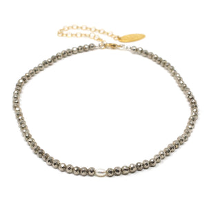 Micro Natural Stone Choker Necklace (Silver Pyrite With Pearl)