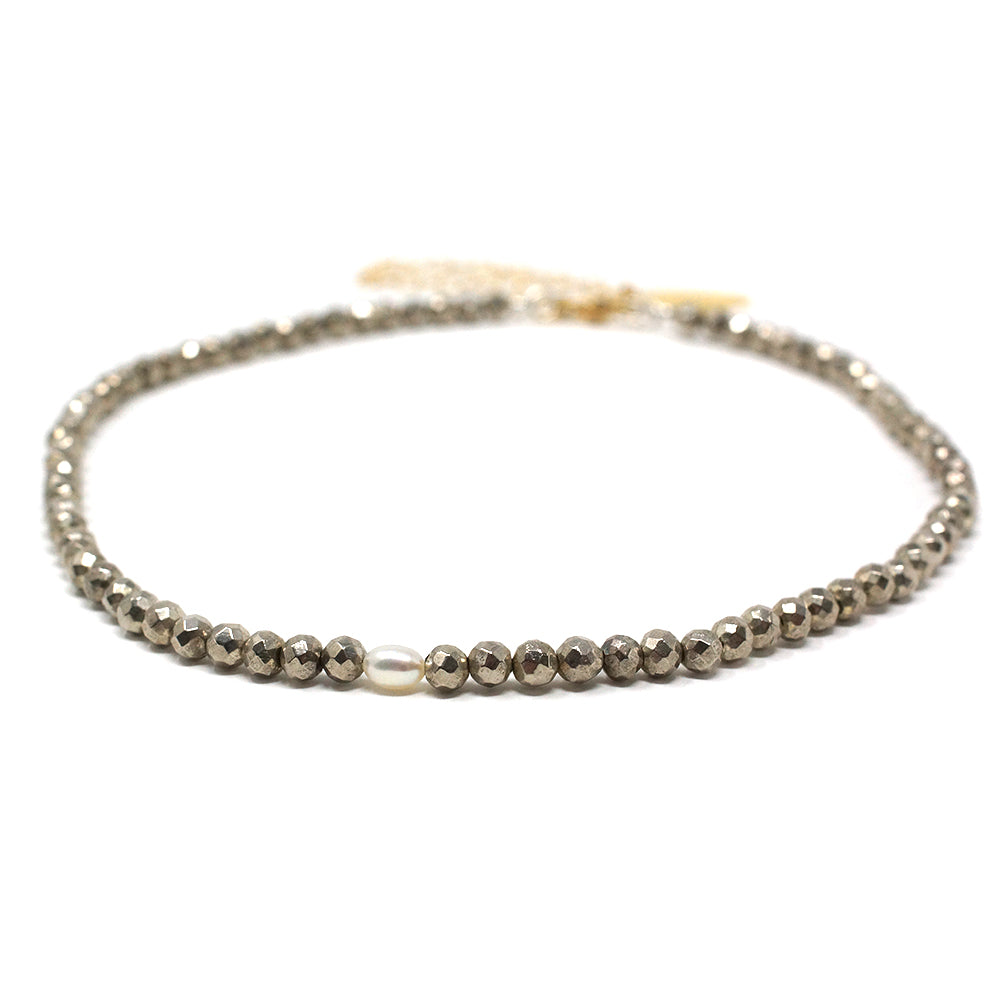 Micro Natural Stone Choker Necklace (Silver Pyrite With Pearl)