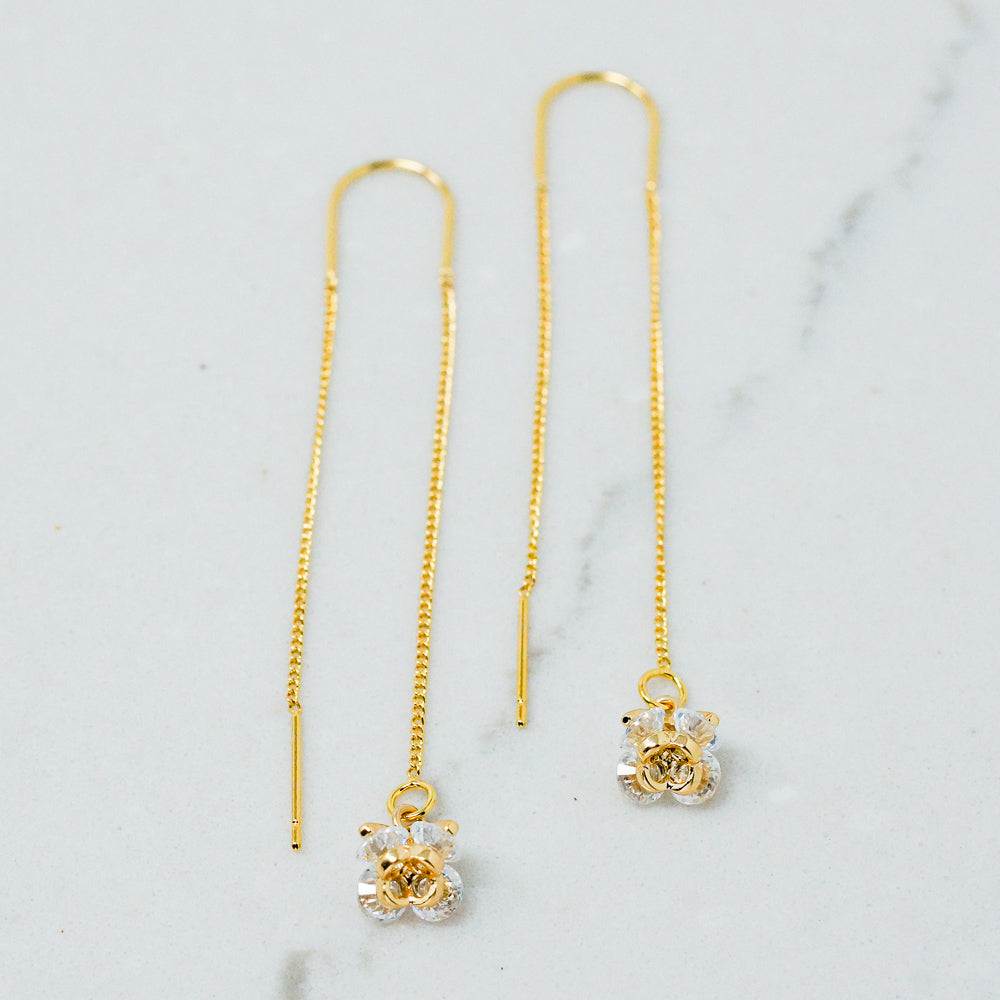 Floral + Gold Chain Threader Earrings (Crystal Clear)