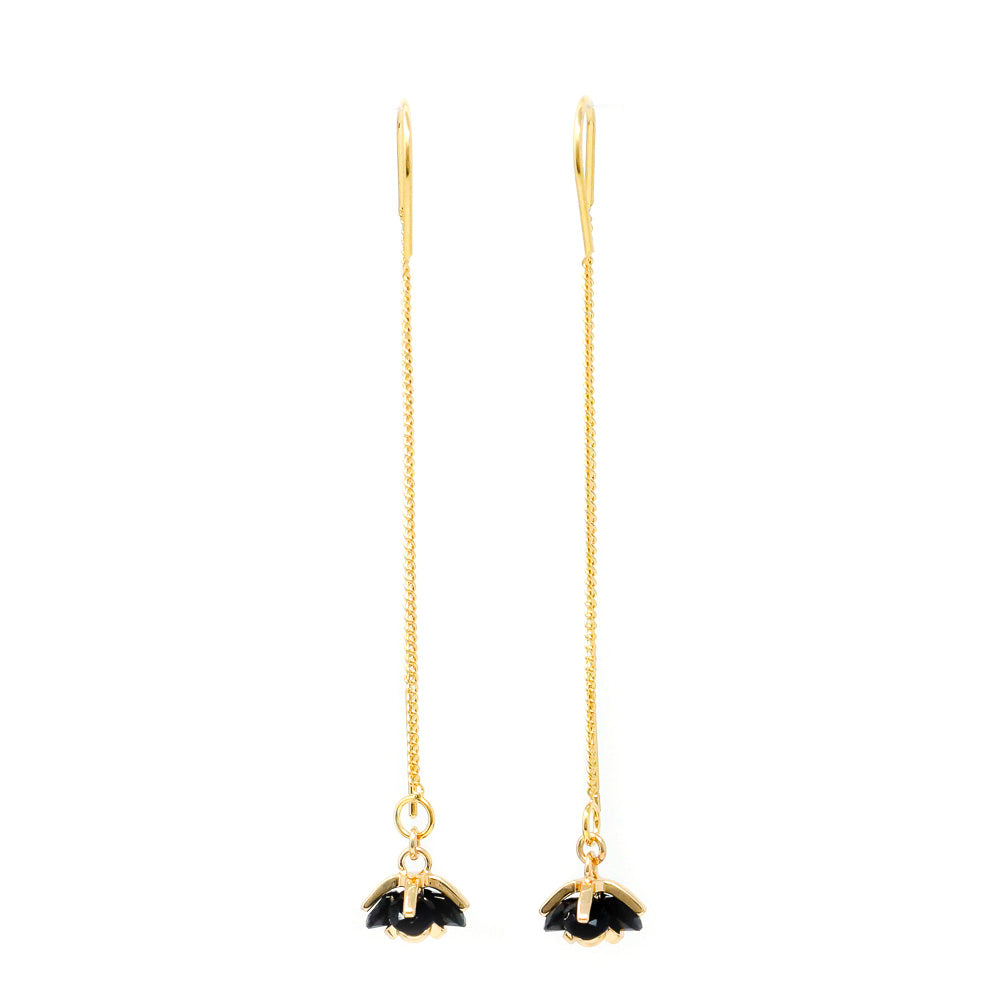 Floral + Gold Chain Threader Earrings (Jet Black)
