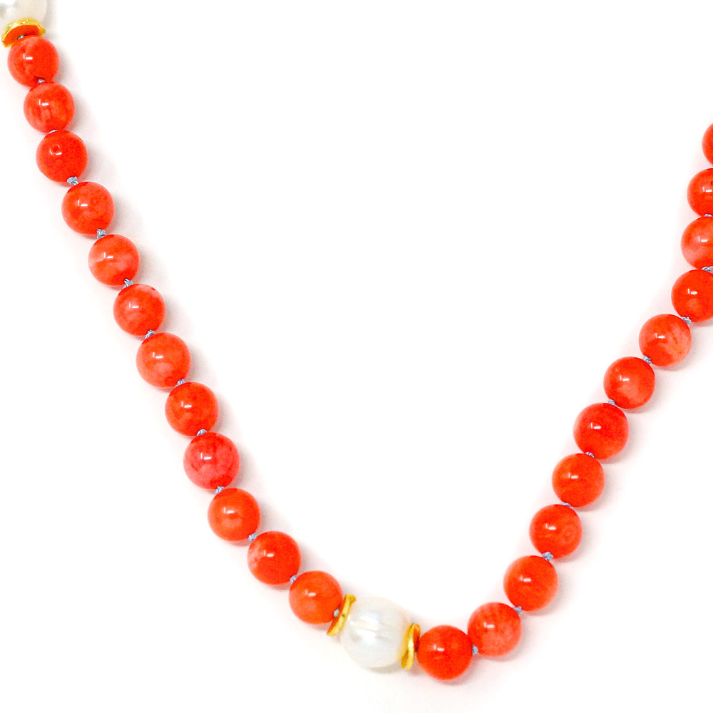 Natural Stone Necklace (Coral + Pearl)