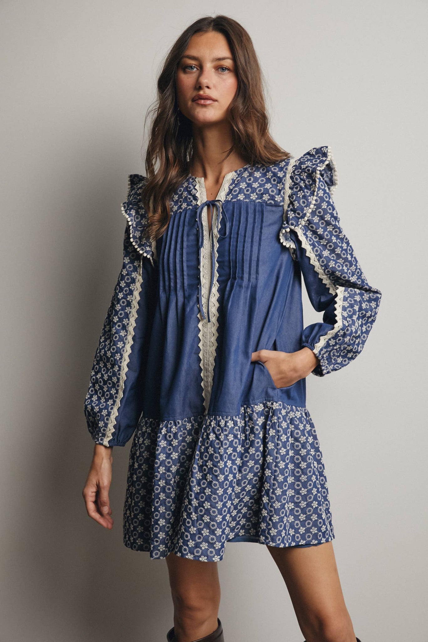 Patchwork Lace Trim Mini Dress: Denim