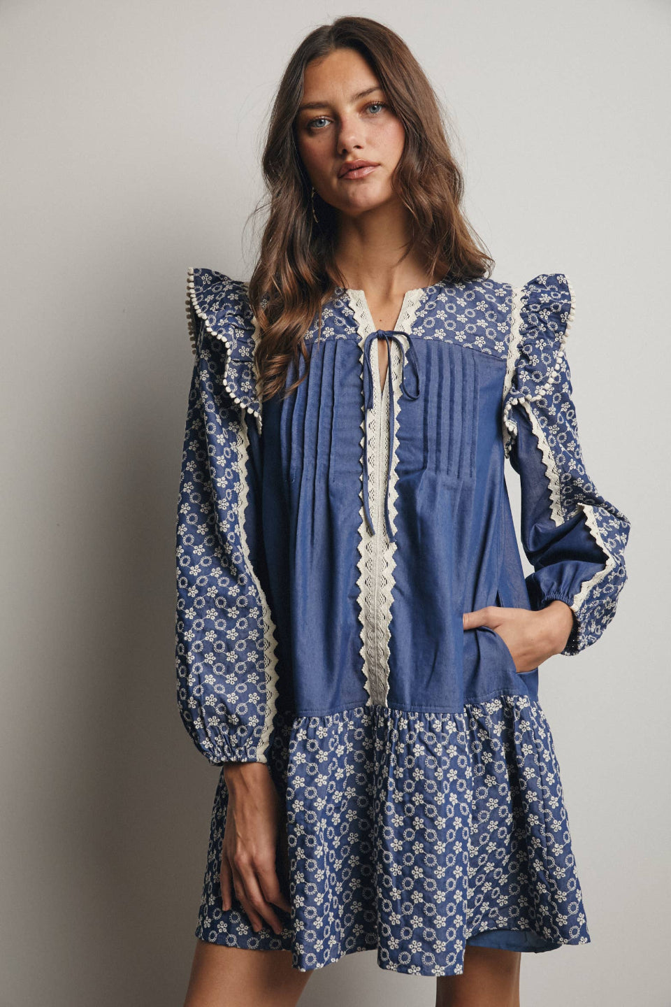 Patchwork Lace Trim Mini Dress: Denim