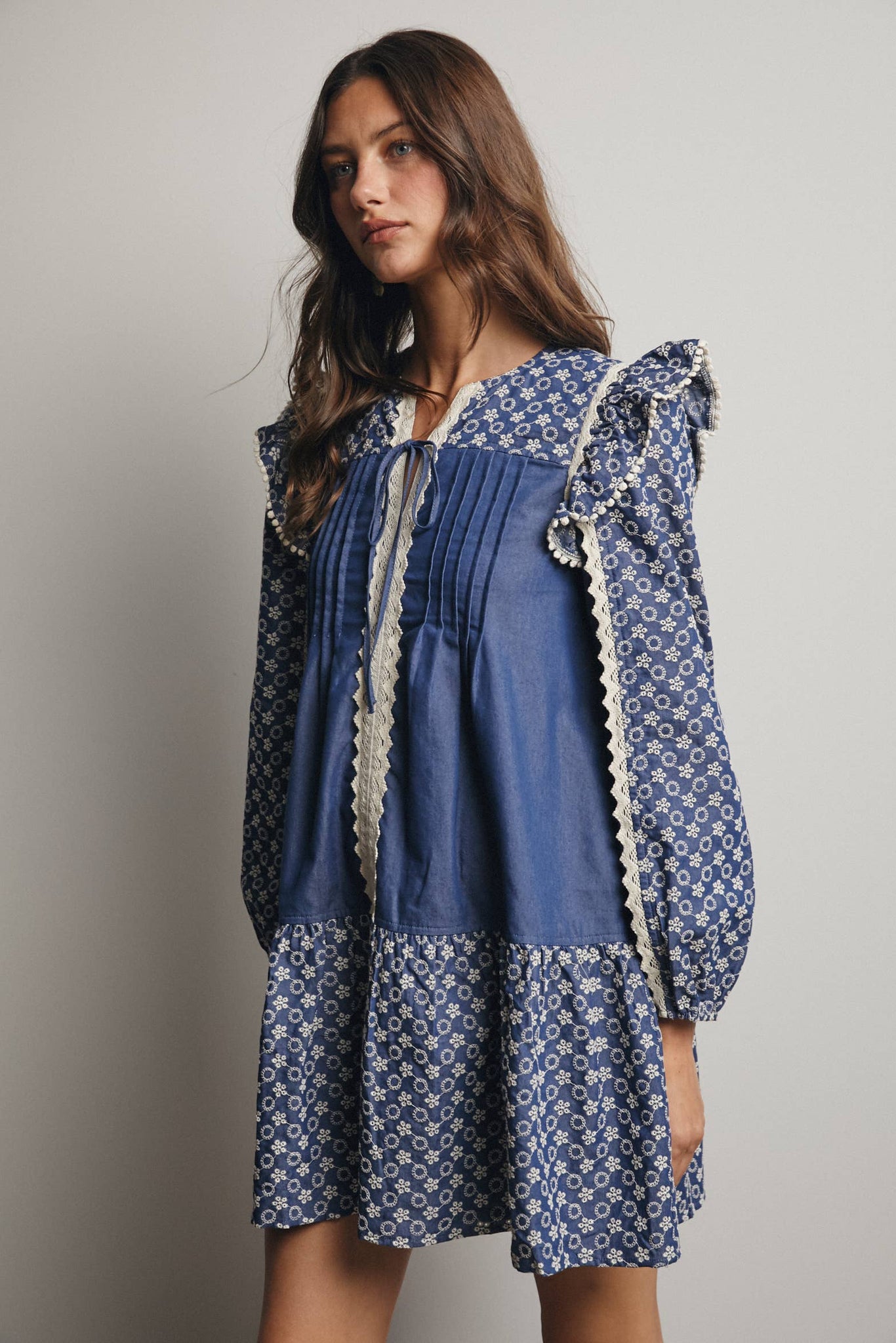 Patchwork Lace Trim Mini Dress: Denim