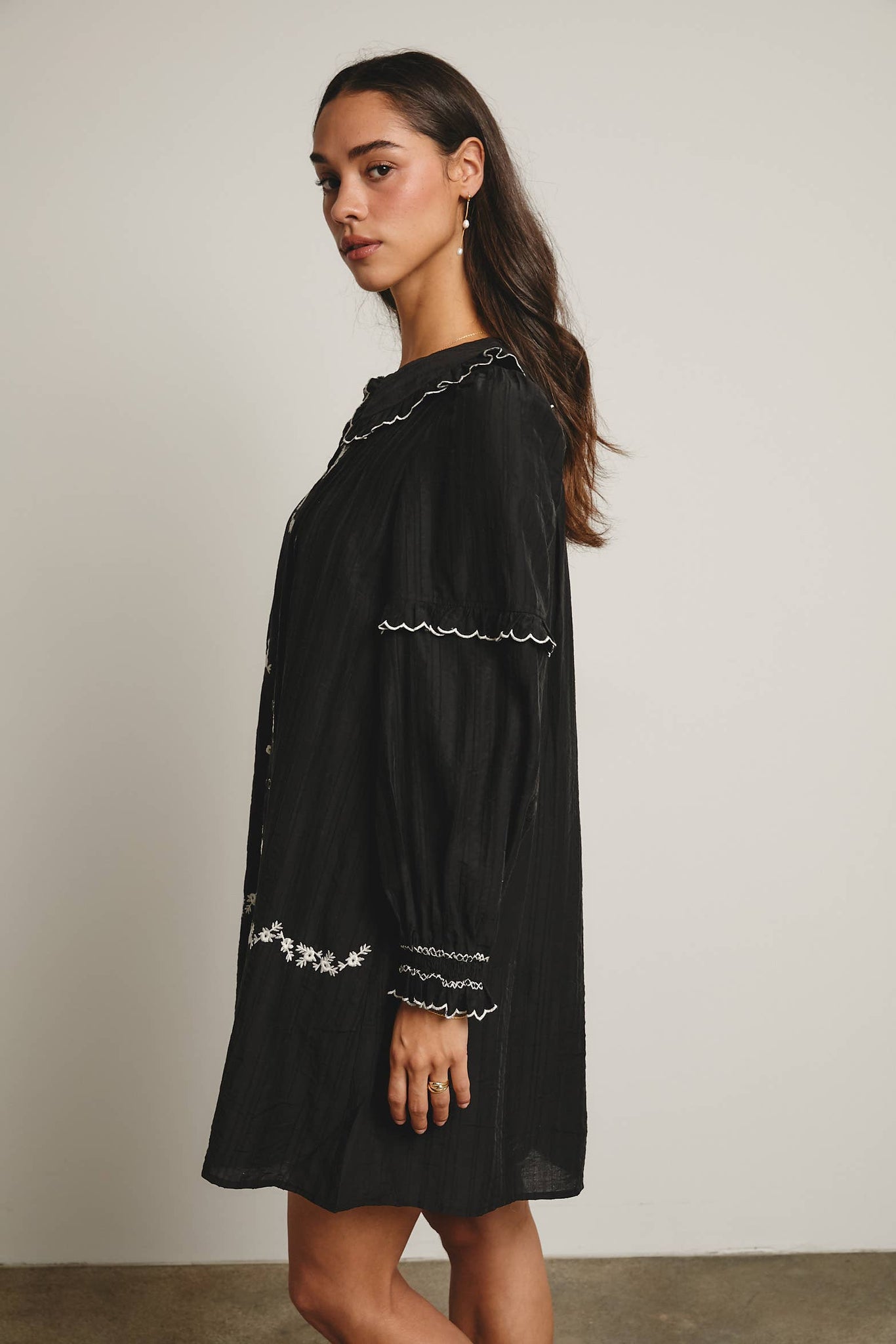 Embroidered Ruffle Collar Cotton Dress: Rust